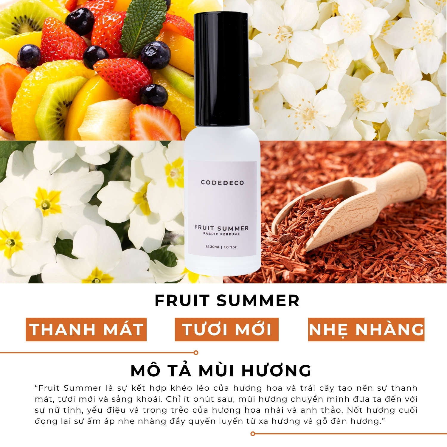 Mô tả Xịt thơm hương nước hoa CODEDECO Fruit Summer 30ml Ngọt ngào, Dịu mát từ Hương hoa và Trái cây lưu hương tới 6h - 1