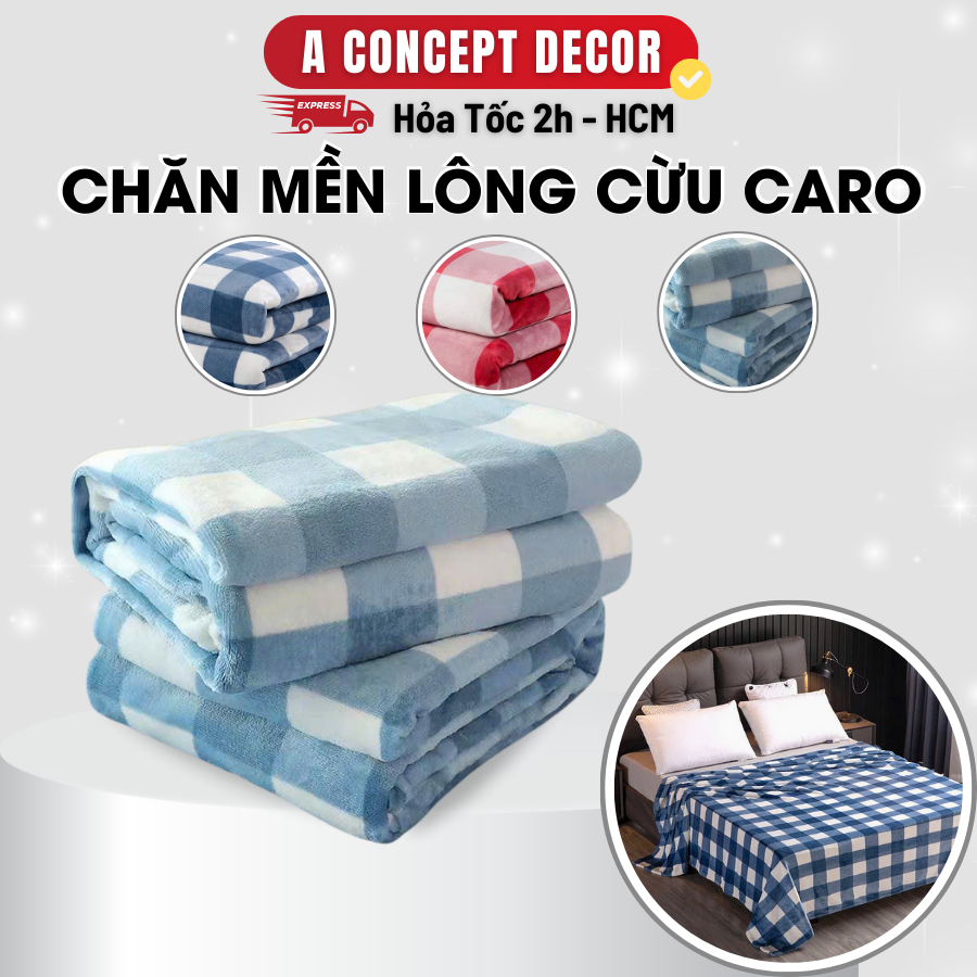 Mô tả Chăn Mền Lông Cừu hoạ tiết Caro Cao Cấp sợi Lông Cừu Dày Mềm Mịn Ấm Áp Cho Gia đình Văn phòng Du lịch Xe Khách 1m8x2m - 1