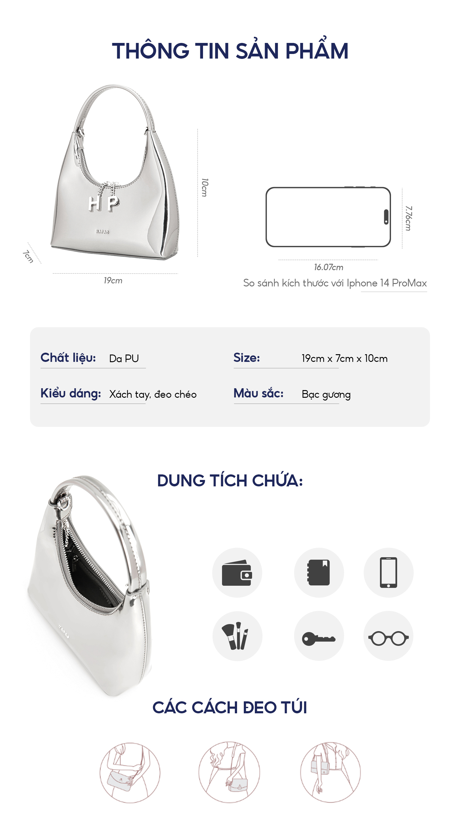 Mô tả Túi Xách Tay Bạc Gương Metallic - Hepi HAPAS - 1