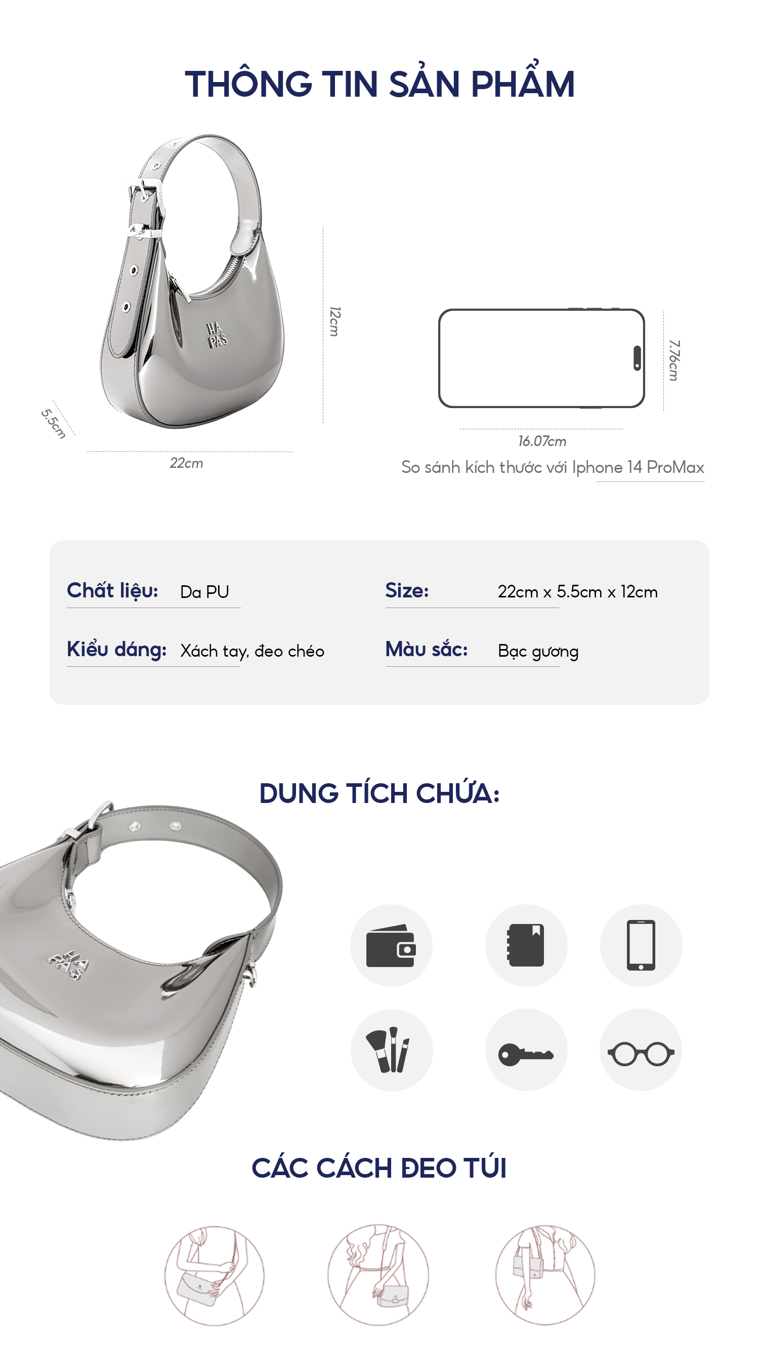 Mô tả Túi Xách Tay Bạc Gương Metallic - Cerleen HAPAS - 2