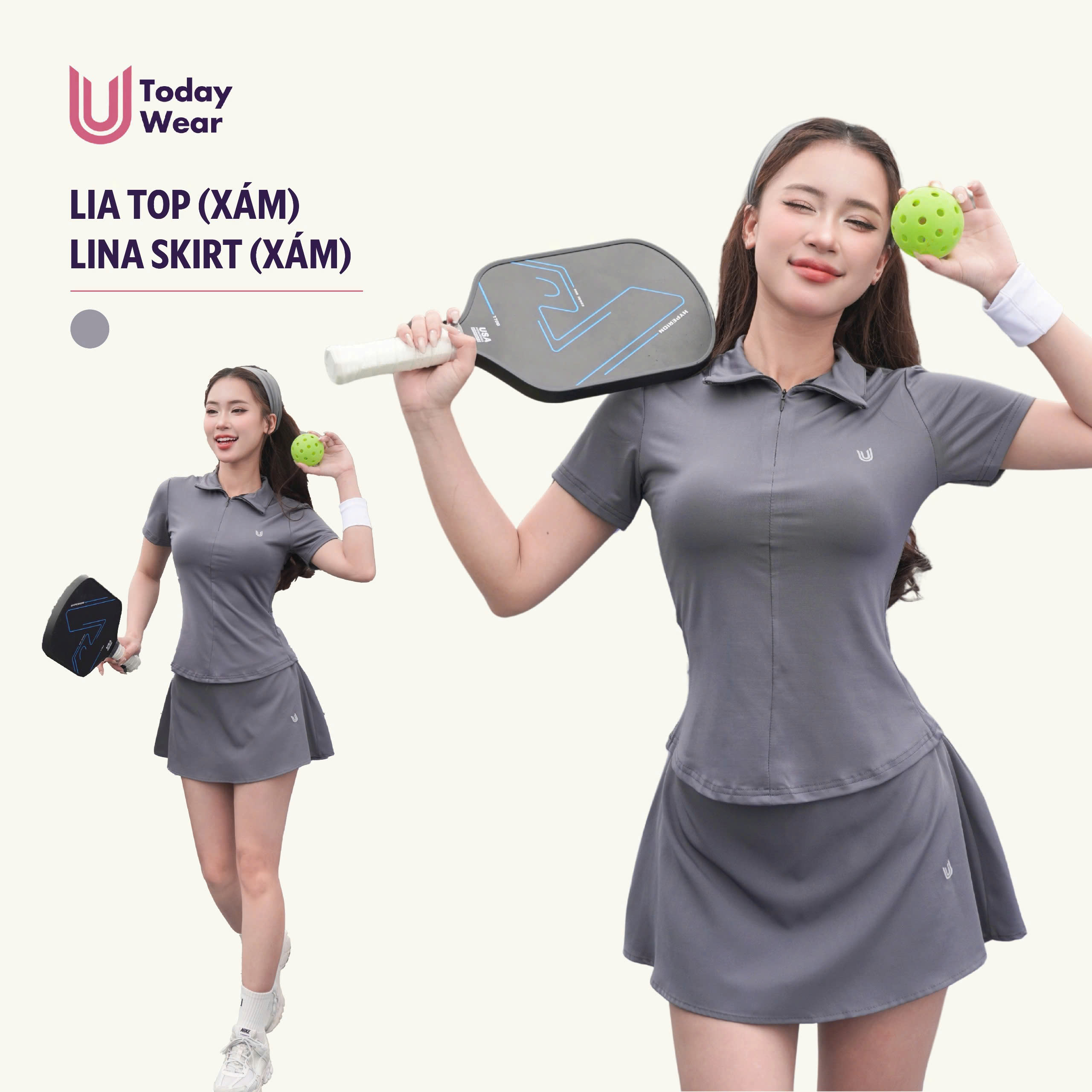 Mô tả Set bộ đồ thể thao nữ pickcleball tennis áo Lia Top chân váy Lina Skirt xám Today U Wear thoáng mát có quần bảo hộ - 1