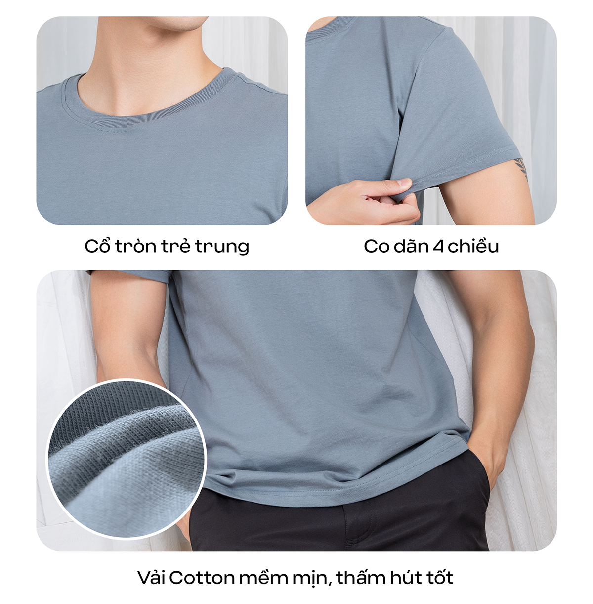 Mô tả Áo Thun Nam T-Shirt GUZADO Mẫu BASIC Chuẩn Form, Cotton 220g, Dày dặn, Mềm mịn,Thoải mái GTS05 - 5