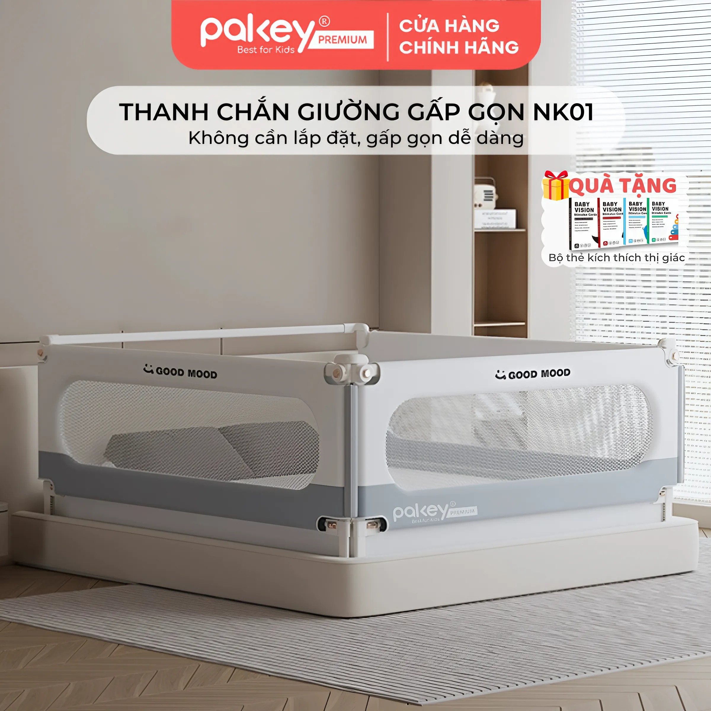 Mô tả Thanh Chắn Giường Gấp Gọn PAKEY NK01 Không Cần Lắp Ráp, Chốt Khóa Vặn An Toàn Cho Bé - Bảo Hành Trọn Đời - 1