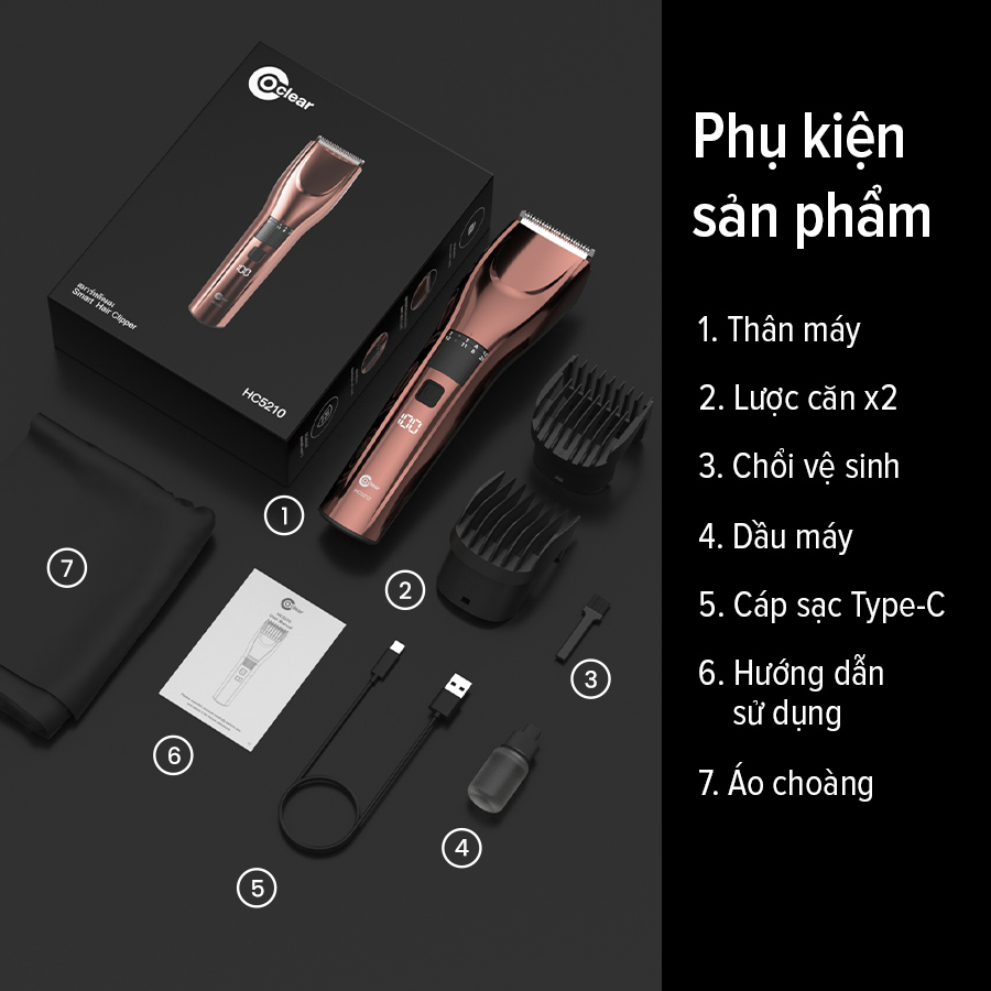 Mô tả Tông đơ cắt tóc điện COCLEAR HC5210, cổng Type-C, lưỡi dao góc nhọn tự mài, 20 mức điều chỉnh. Bảo hành một năm - 12