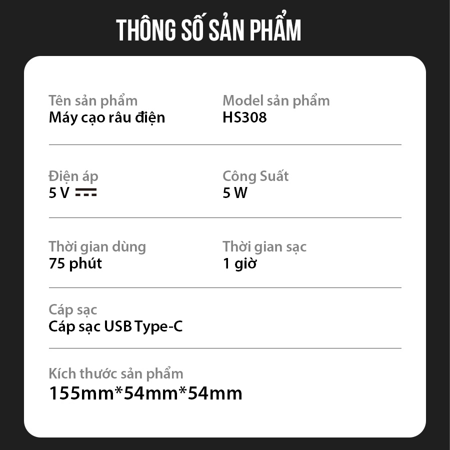 Mô tả máy cạo râu điện Coclear HS308   Lưới dao kép 3D, sạc qua type-C, sạc nhanh,có dao cạo phần tóc mai, bảo hành 1 năm - 10