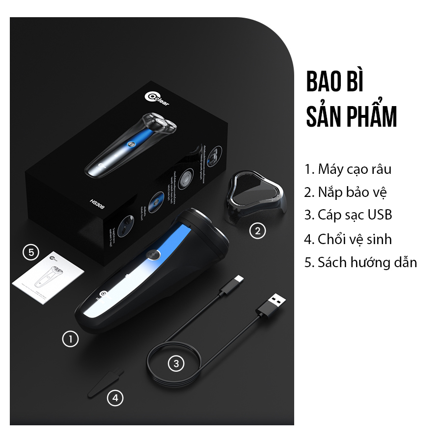 Mô tả máy cạo râu điện Coclear HS308   Lưới dao kép 3D, sạc qua type-C, sạc nhanh,có dao cạo phần tóc mai, bảo hành 1 năm - 11