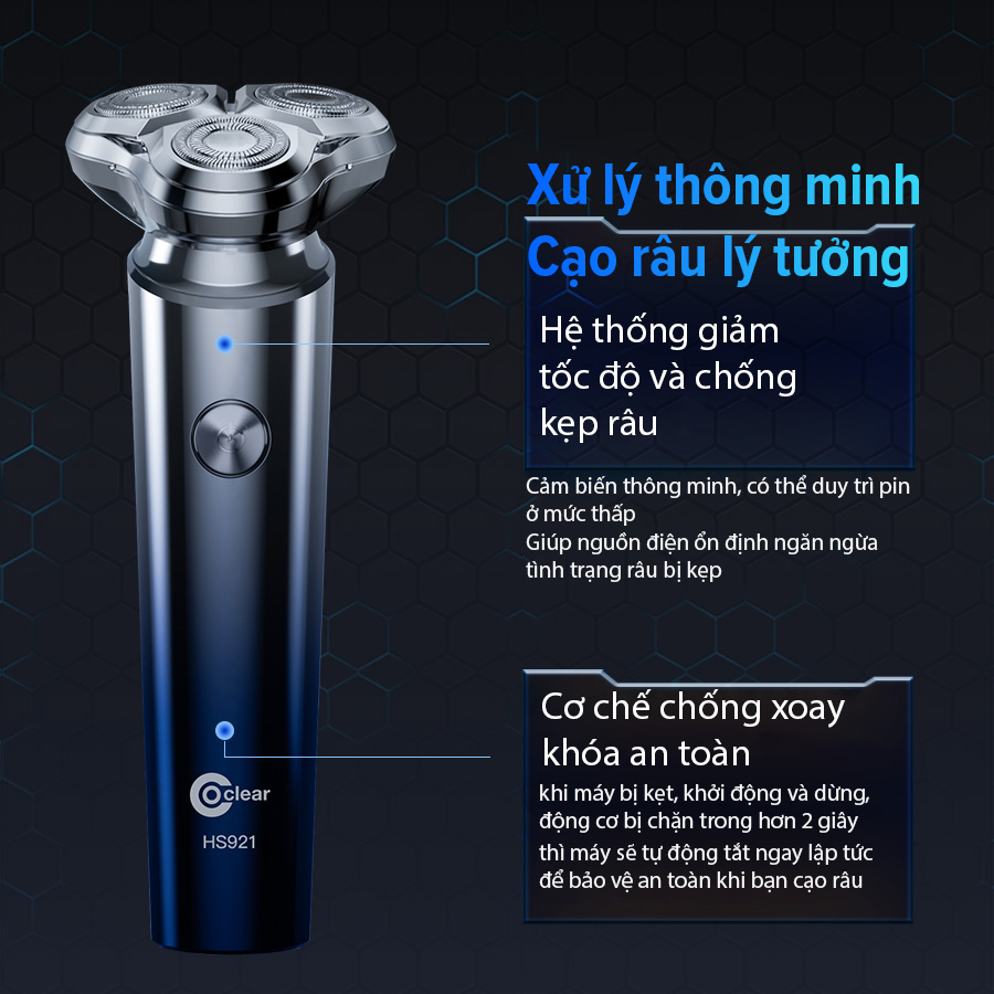 Mô tả máy cạo râu điện Coclear HS921   Lưới dao kép 3D, sạc nhanh USB/type-C, cạo khô hoặc ướt đều được, bảo hành 1 năm - 8