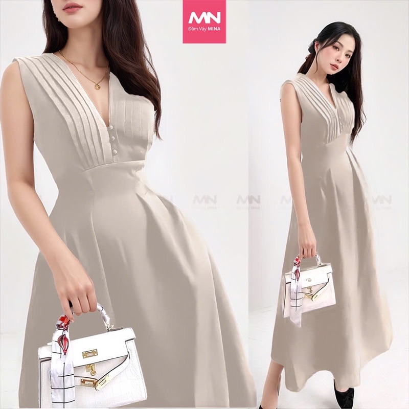 Mô tả Đầm dự tiệc MINA dáng xoè midi cổ chữ V xếp ly ngực sát nách màu nude da sang trọng quyến rũ xinh đẹp MN182 - 1