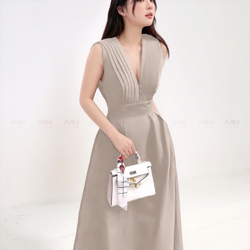 Mô tả Đầm dự tiệc MINA dáng xoè midi cổ chữ V xếp ly ngực sát nách màu nude da sang trọng quyến rũ xinh đẹp MN182 - 2
