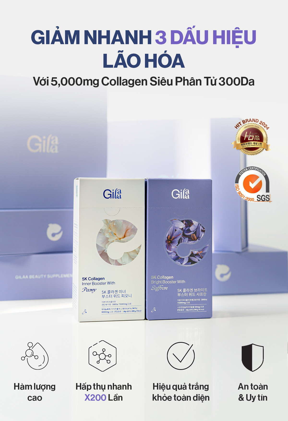 Mô tả Nước Uống Collagen Gilaa Siêu Phân Tử 300da Kết Hợp Saffron Trẻ Hóa Trắng Khỏe Da (20g x 15 Gói) - 1