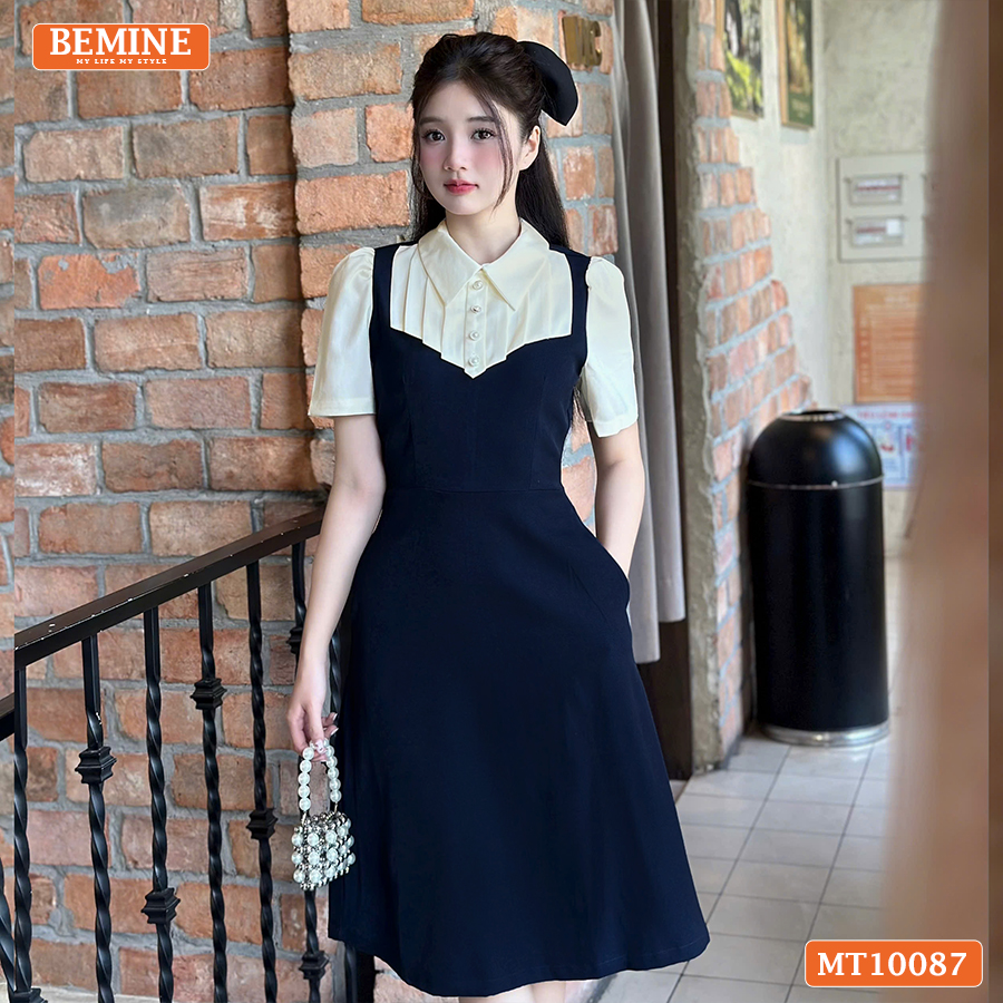 Mô tả Đầm thiết kế BEMINE cổ đức phối xếp ly giả yếm dáng chữ A phù hợp đi làm, đi chơi-MT10087 - 2