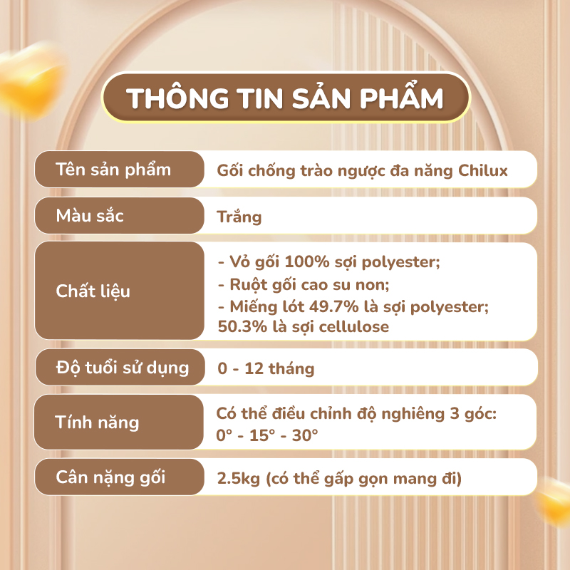 Mô tả Gối chống trào ngược cho bé gấu trắng Chilux - Thiết kế 3 nấc nghiêng tuỳ chỉnh, gối định hình - 11
