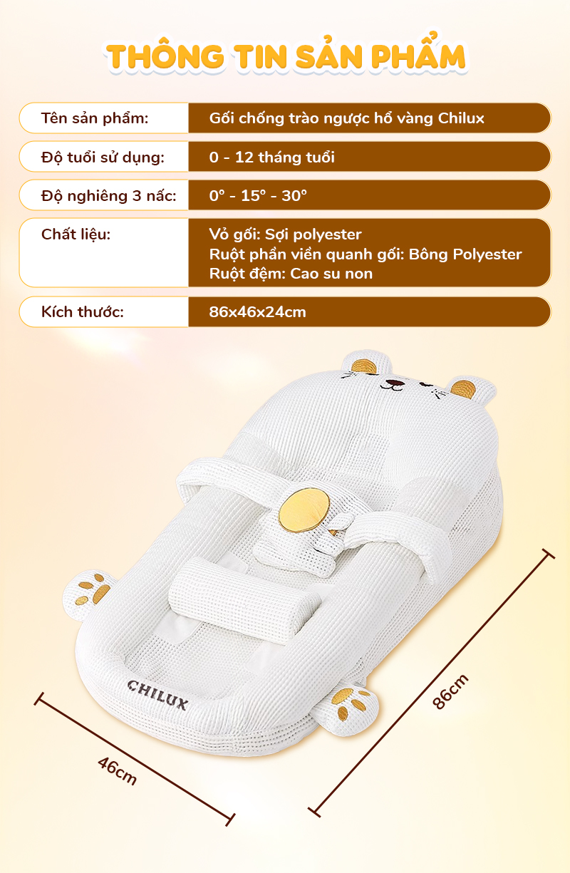 Mô tả Gối chống trào ngược cho bé Hổ vàng Chilux - Thiết kế 3 nấc nghiêng tùy chỉnh, gối định hình - 6