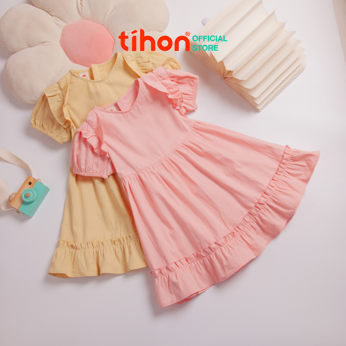 Váy bé gái Tihon màu hồng và vàng tươi sáng