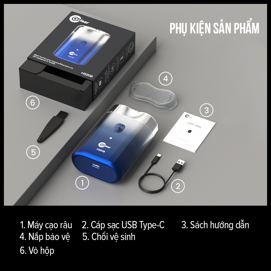 Mô tả máy cạo râu điện coclear HS208, Lưới dao kép 3D, sạc qua type-C, cạo ướt hay khô điều được, bảo hành 1 năm, sạc nhanh - 12