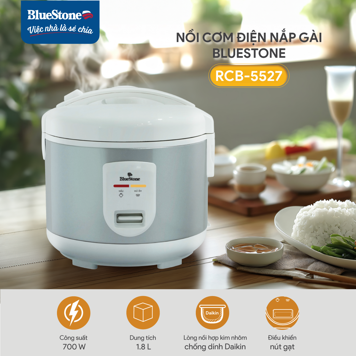Mô tả Nồi Cơm Nắp Gài BlueStone RCB-5527 - 1,8 lít - 700W Lòng dày 1,5mm - 1