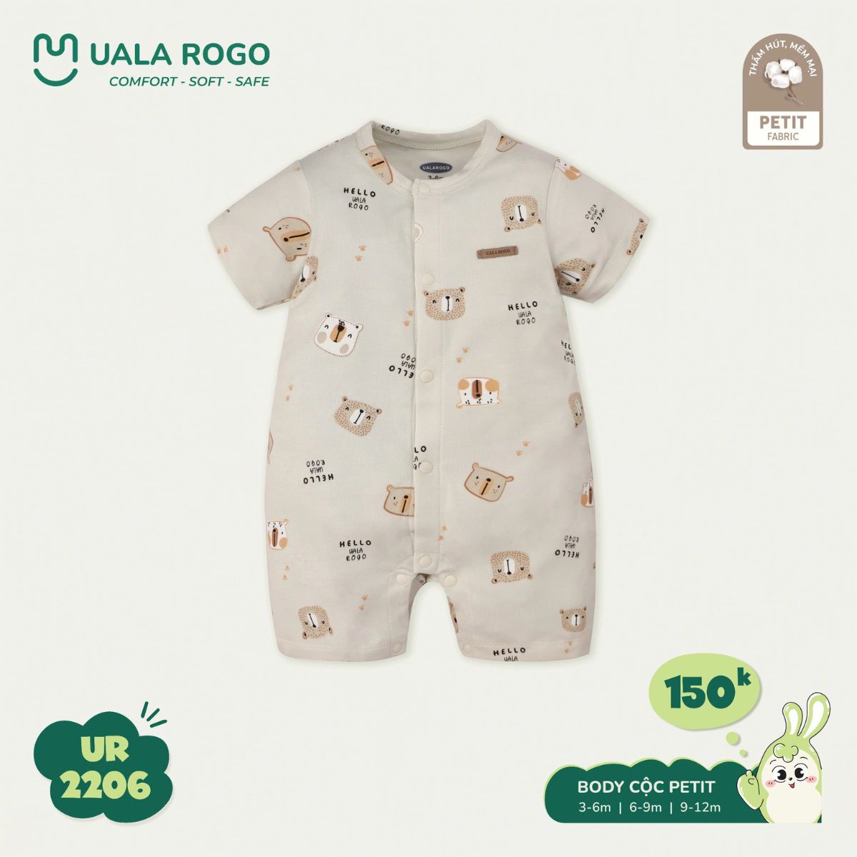 Mô tả Bodysuit cộc tay cho bé Ualarogo áo liền quần 3-12 tháng vải Sợi tre Bamboo mềm mịn co giãn cúc giữa 2154 - 4