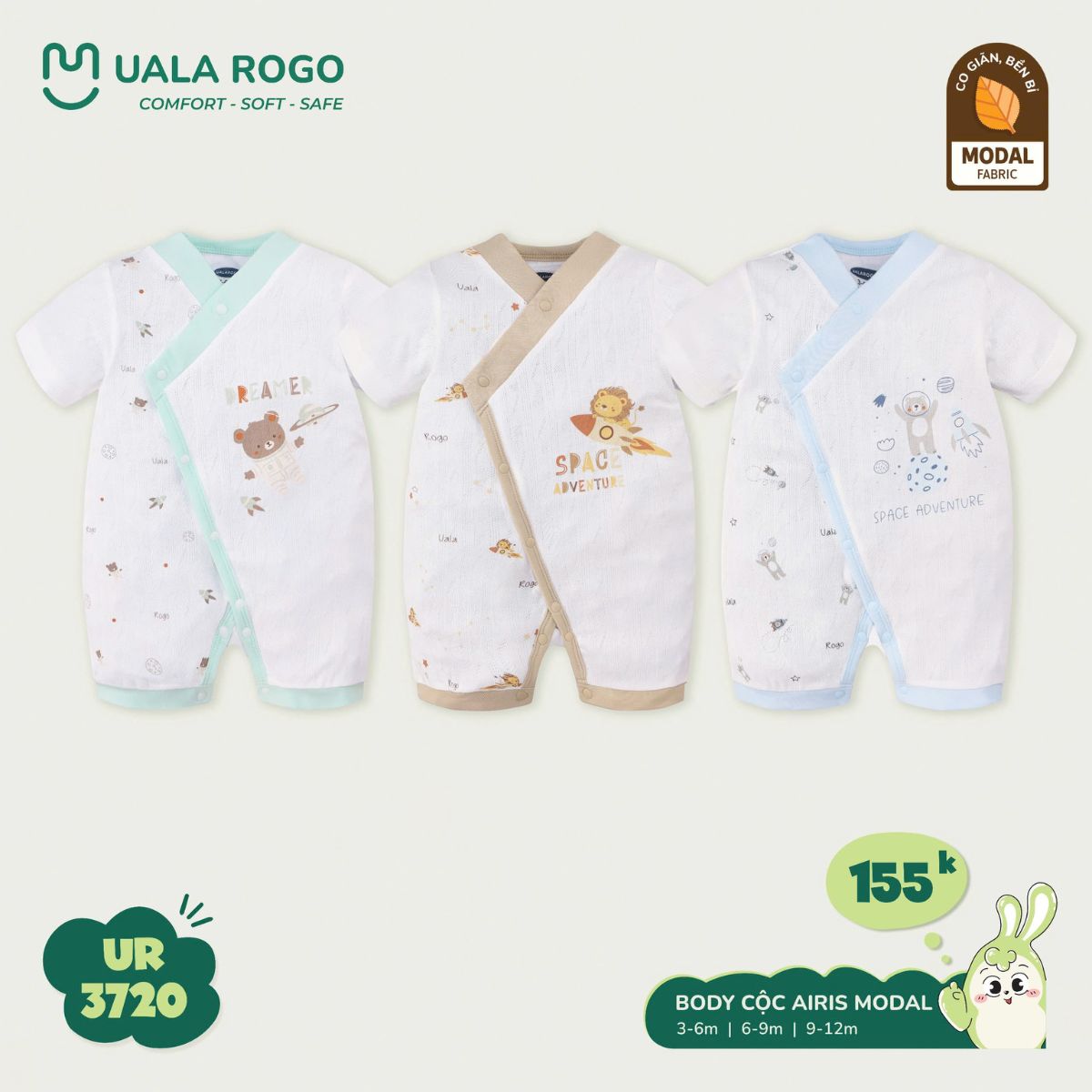 Mô tả Bodysuit cộc tay cho bé Ualarogo áo liền quần 3-12 tháng vải Sợi tre Bamboo mềm mịn co giãn cúc giữa 2154 - 7