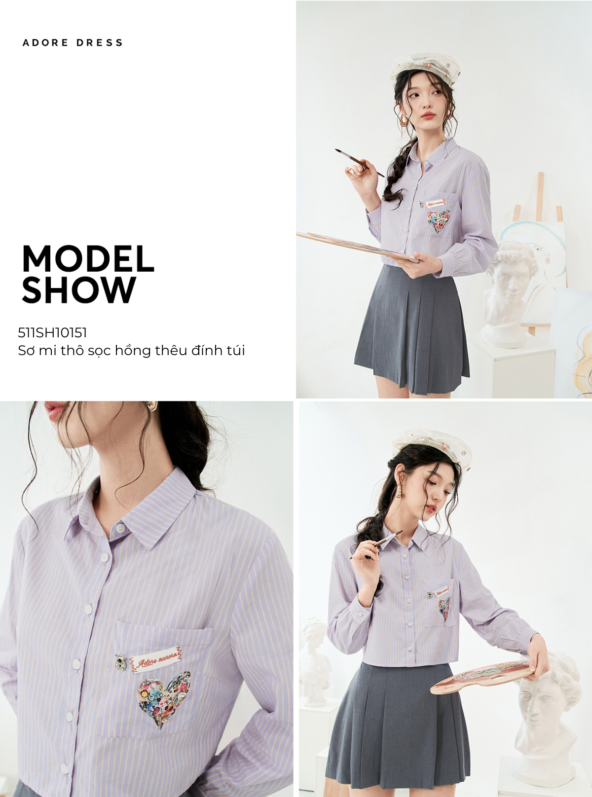 Mô tả 511SH1015-  Sơ mi thô sọc hồng thêu đính túi ADORE DRESS - 1