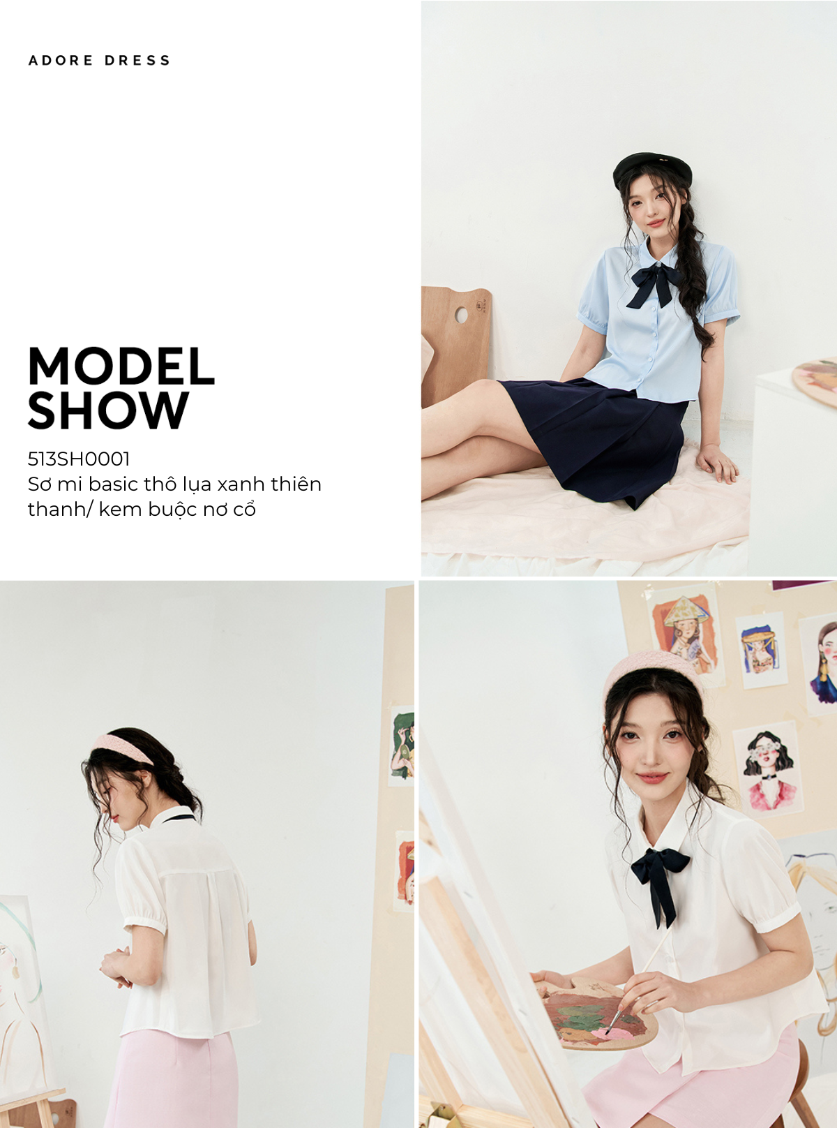 Mô tả 513SH0001 - Sơ mi basic thô lụa trắng kem buộc nơ cổ ADORE DRESS - 1