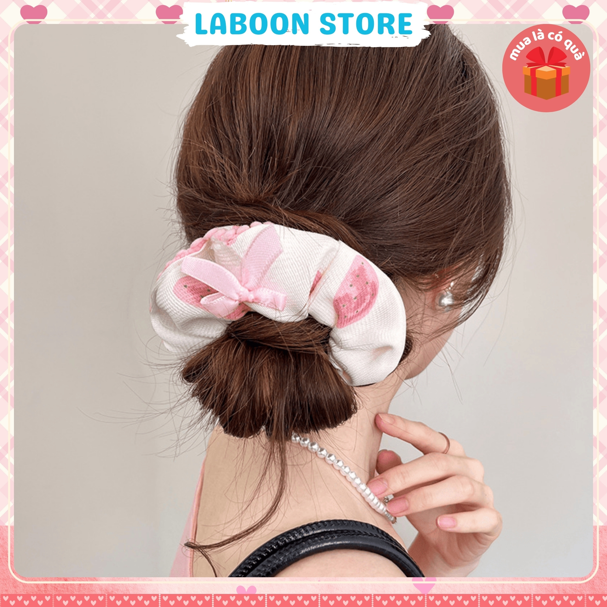 Mô tả Dây cột tóc LABOON scrunchies họa tiết hoa nơ viền ren vintage buộc tóc voan nhún nữ tính xin xắn - 1