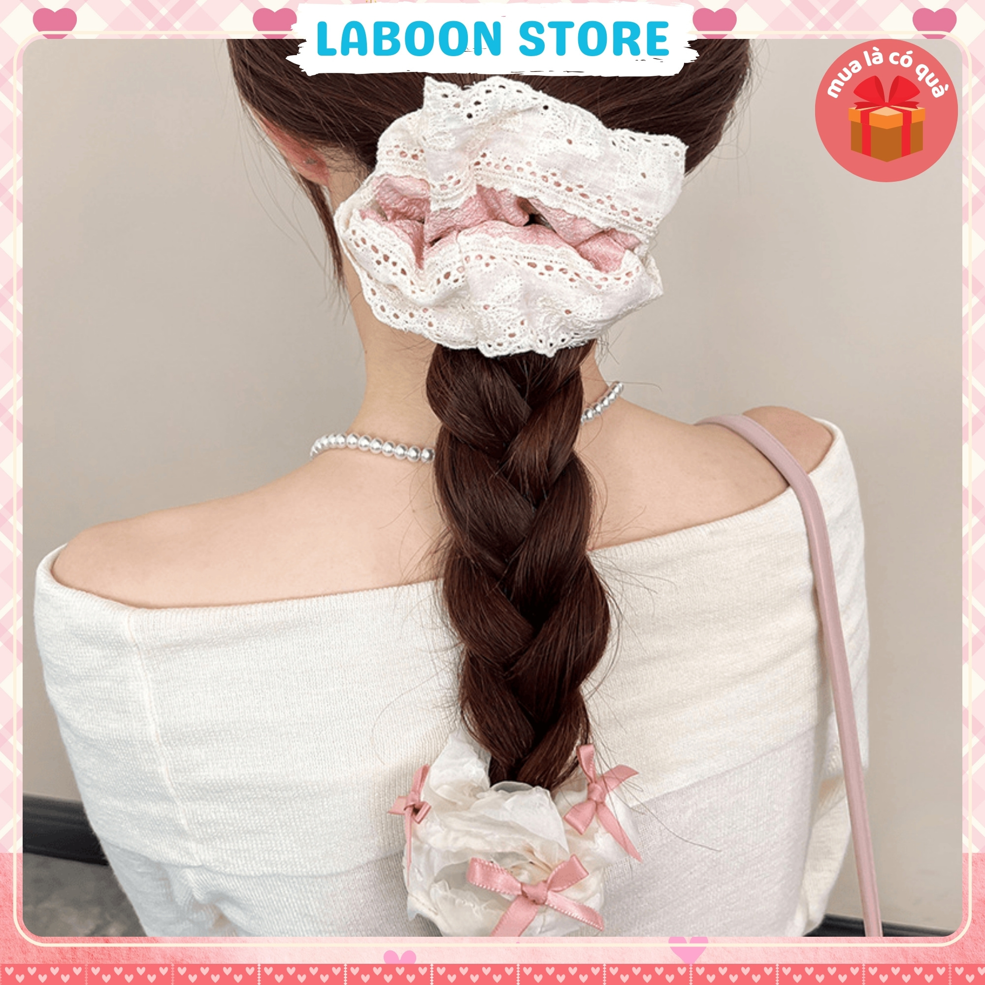 Mô tả Dây cột tóc LABOON scrunchies họa tiết hoa nơ viền ren vintage buộc tóc voan nhún nữ tính xin xắn - 4