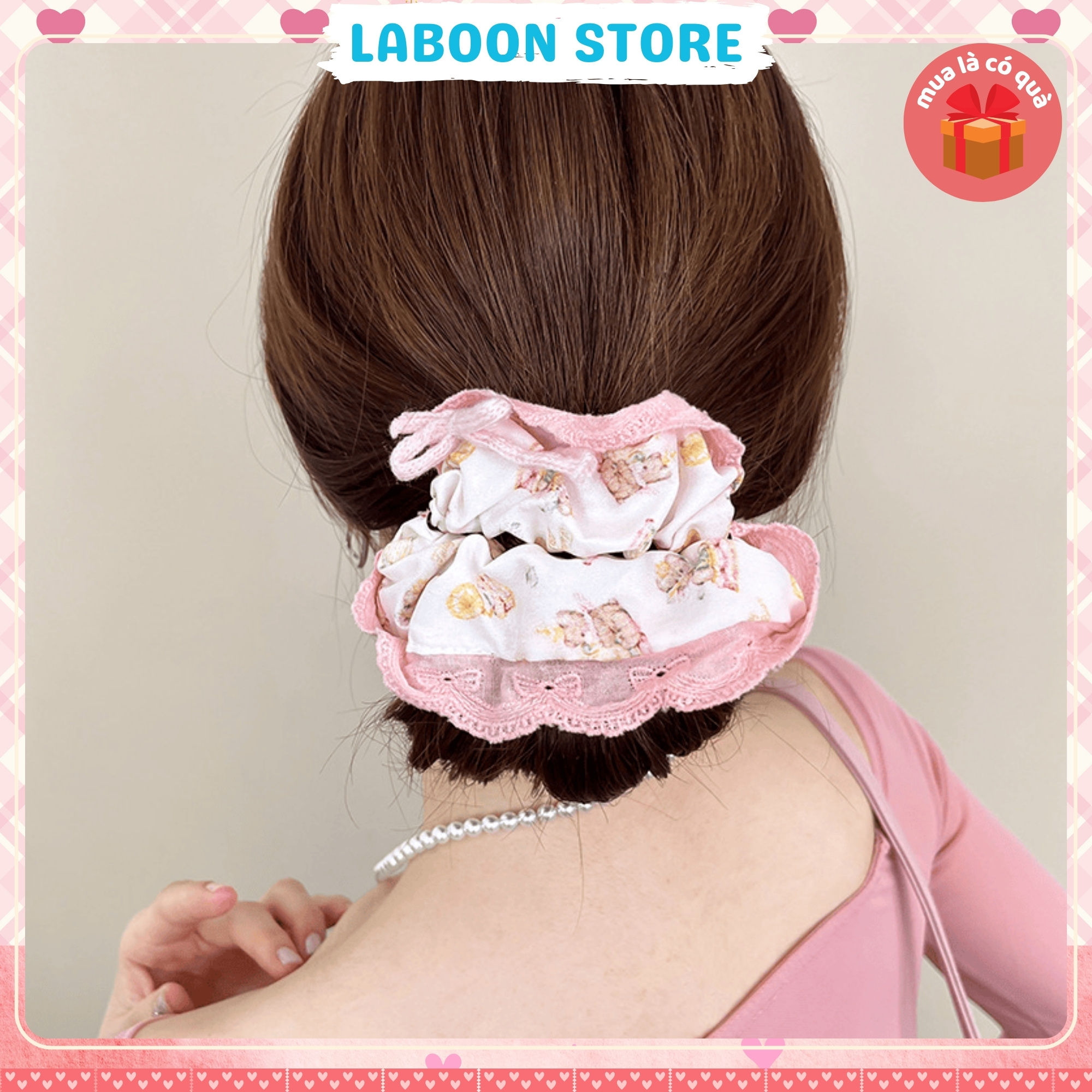 Mô tả Dây cột tóc LABOON scrunchies họa tiết hoa nơ viền ren vintage buộc tóc voan nhún nữ tính xin xắn - 2
