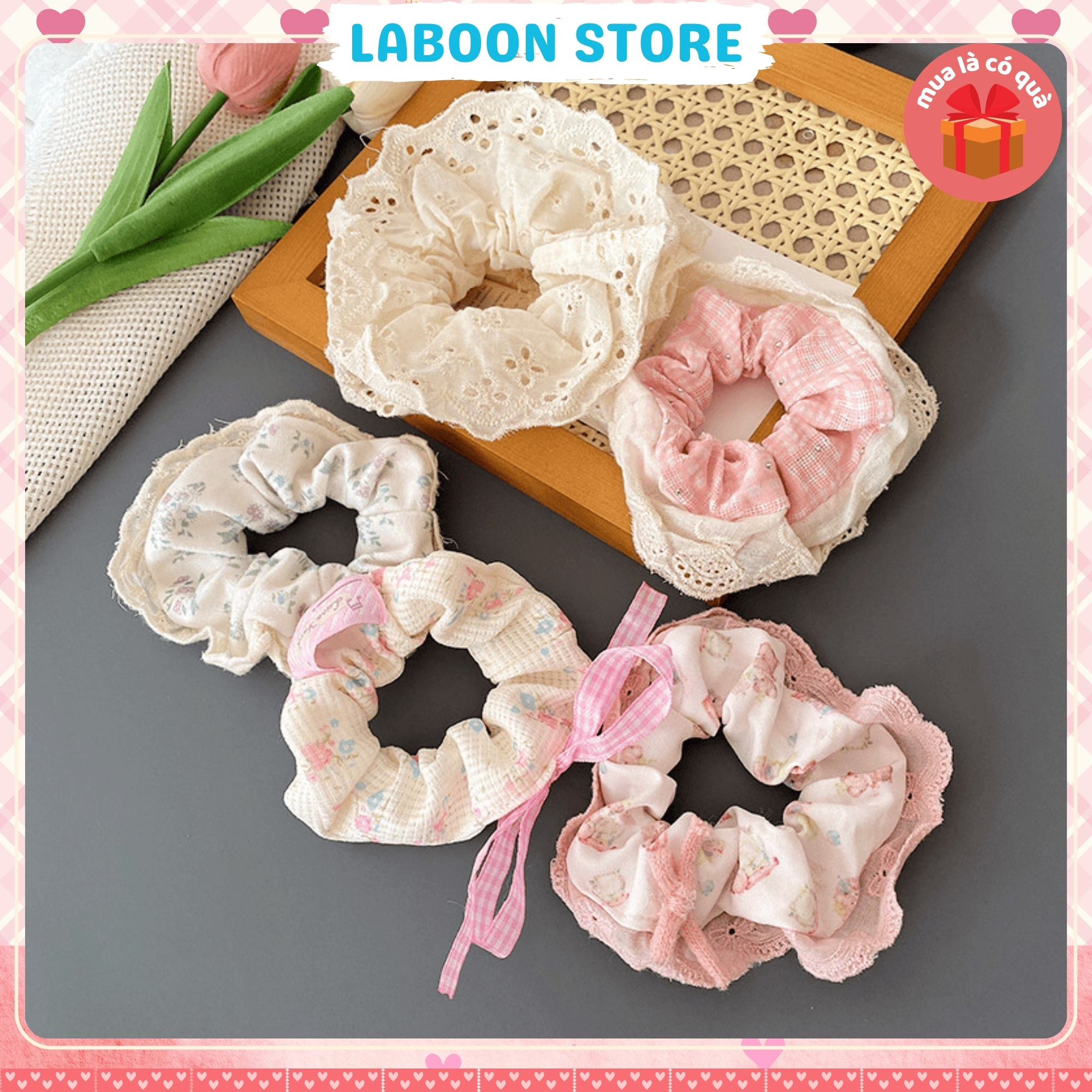 Mô tả Dây cột tóc LABOON scrunchies họa tiết hoa nơ viền ren vintage buộc tóc voan nhún nữ tính xin xắn - 3