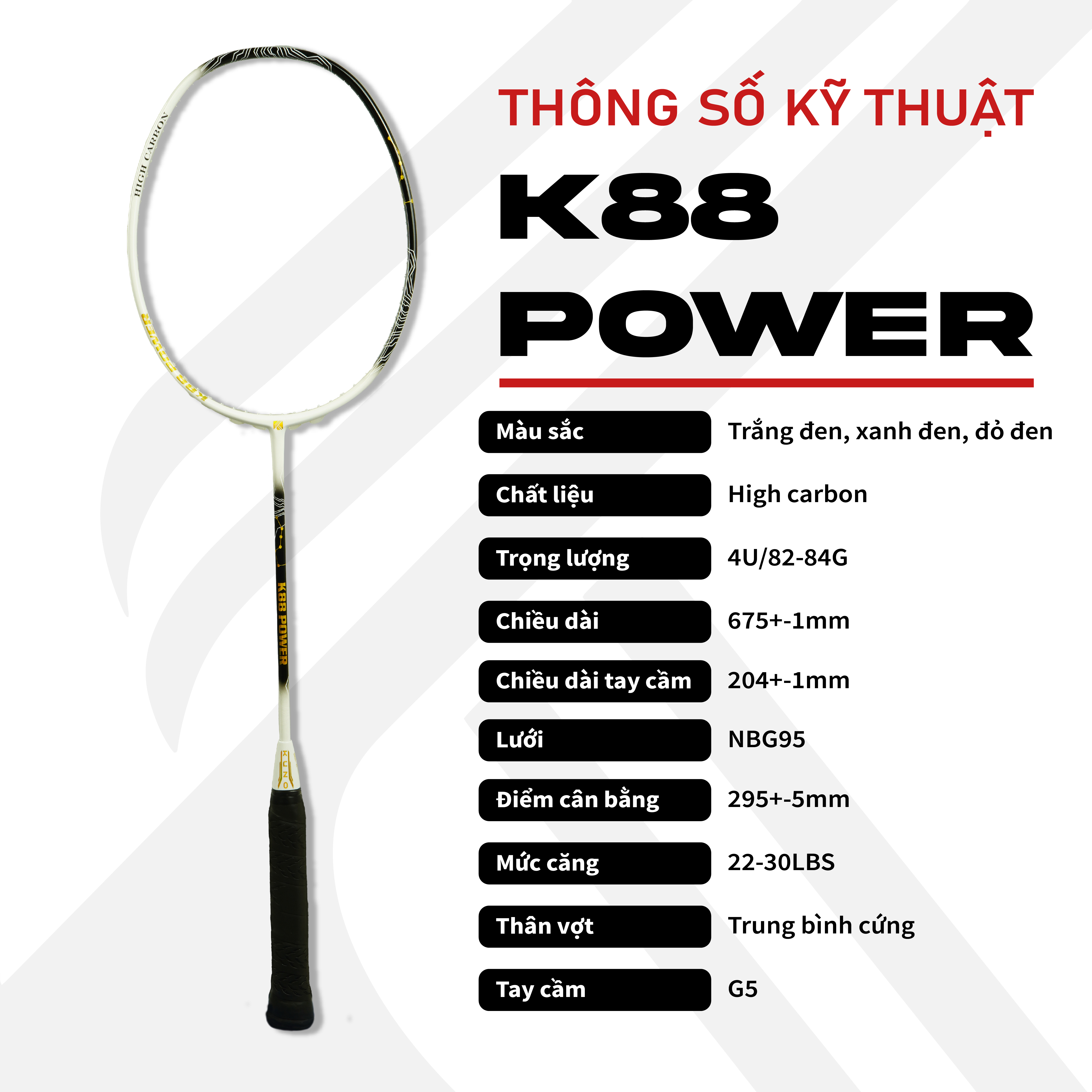 Mô tả Vợt cầu lông Kuno K88 power, công thủ toàn diện, hướng công, lối chơi tấn công nhanh, phản tạt, 4U 82gram ,căng sẵn 11kg - 2