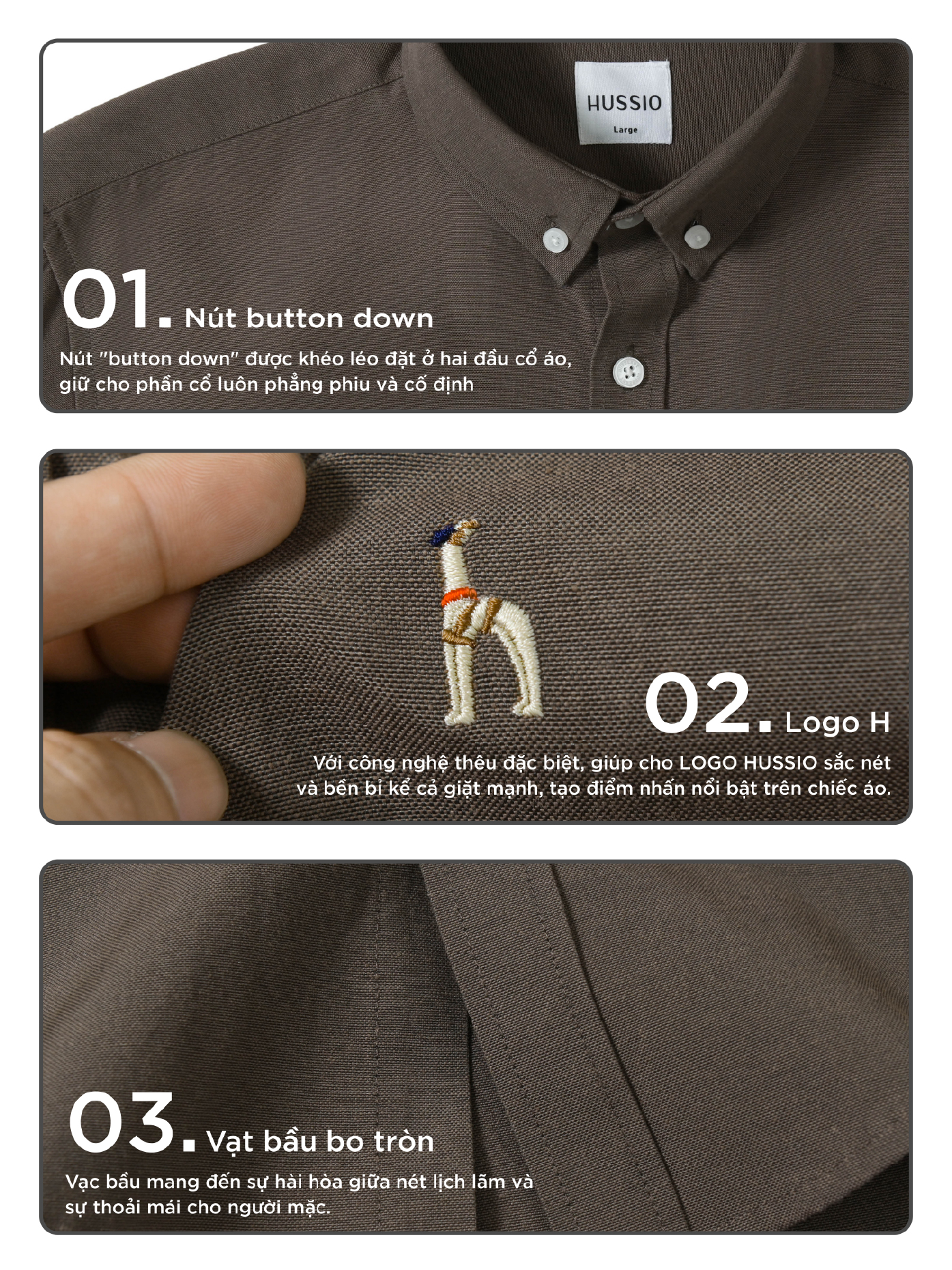 Mô tả Áo sơ mi nam tay dài SEASON "BA" thêu logo, vải Oxford cao cấp, thoáng mát, đứng form - HUSSIO - 4