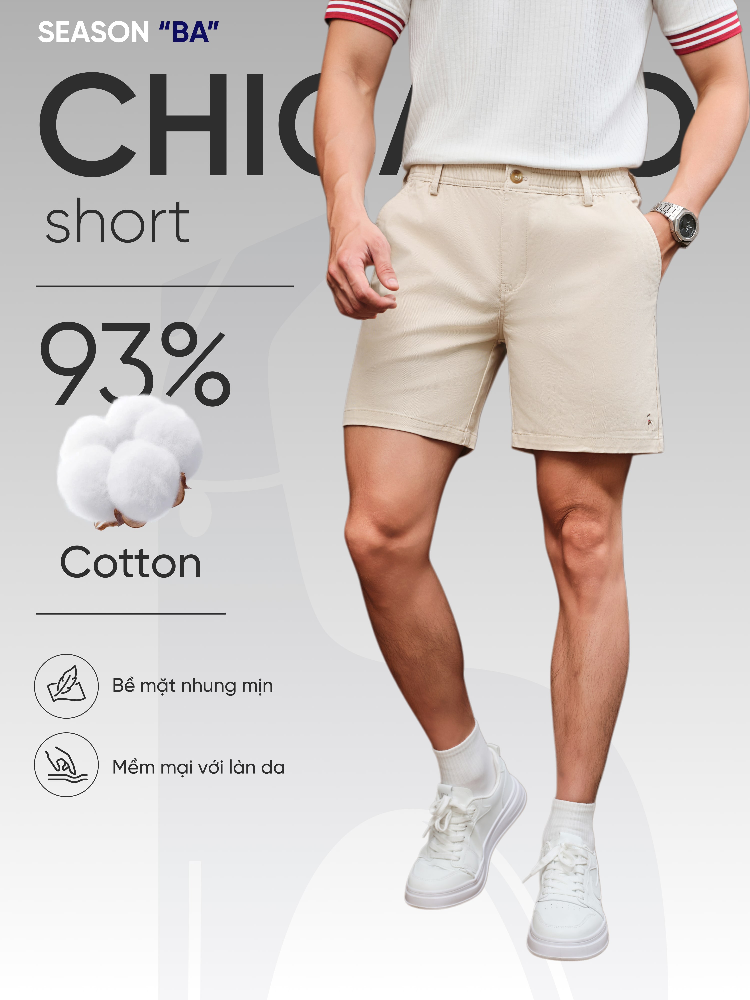 Mô tả Quần short nam SEASON "BA" vải kaki nhung xuất xịn, co giãn 4 chiều, chuẩn form - HUSSIO - 2