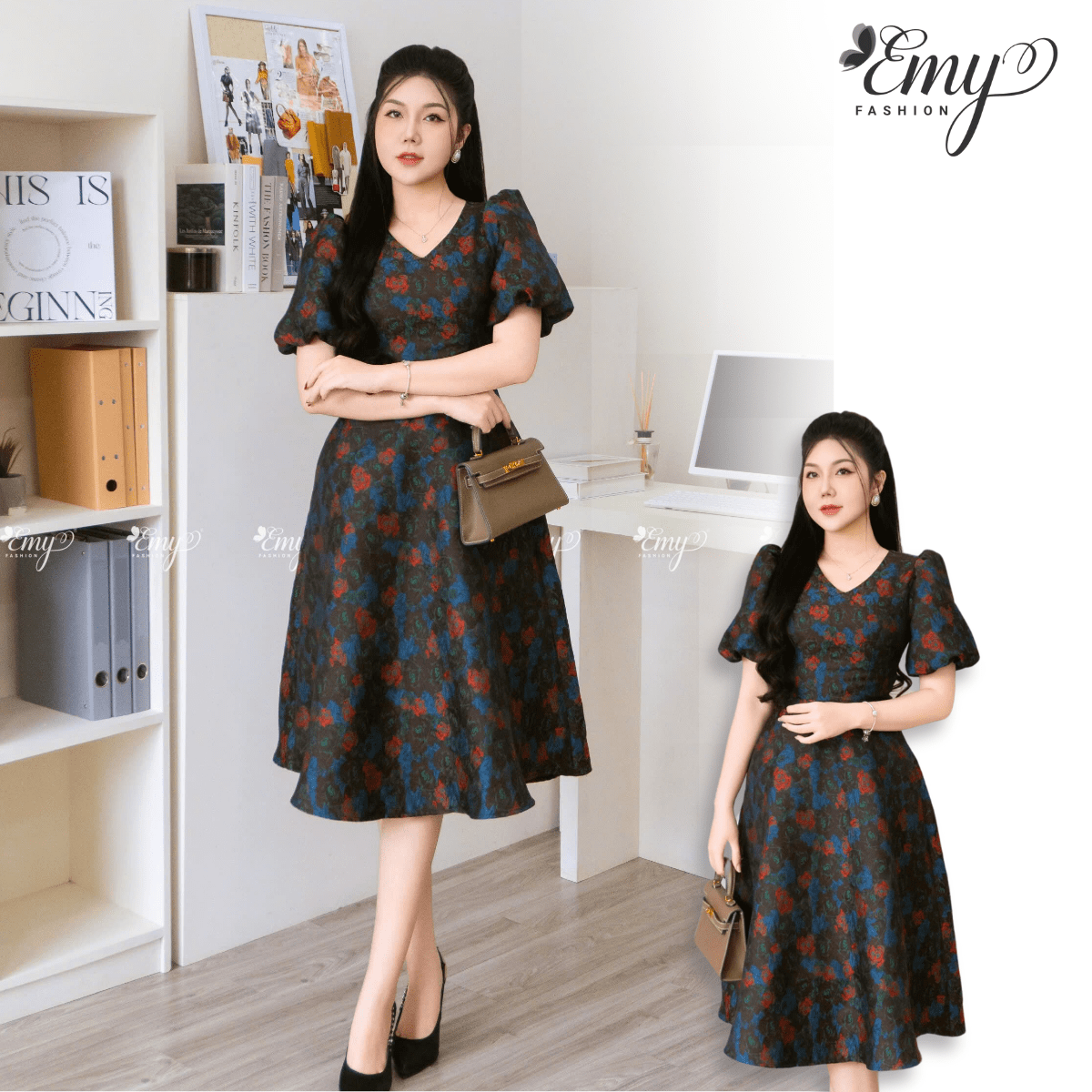 Mô tả Đầm Thiết Kế EMY Thời Trang Cao Cấp EM9590 Vải Tafta 3D Nền Đen Hoa Đỏ Sang Chảnh Đi Tiệc - 1