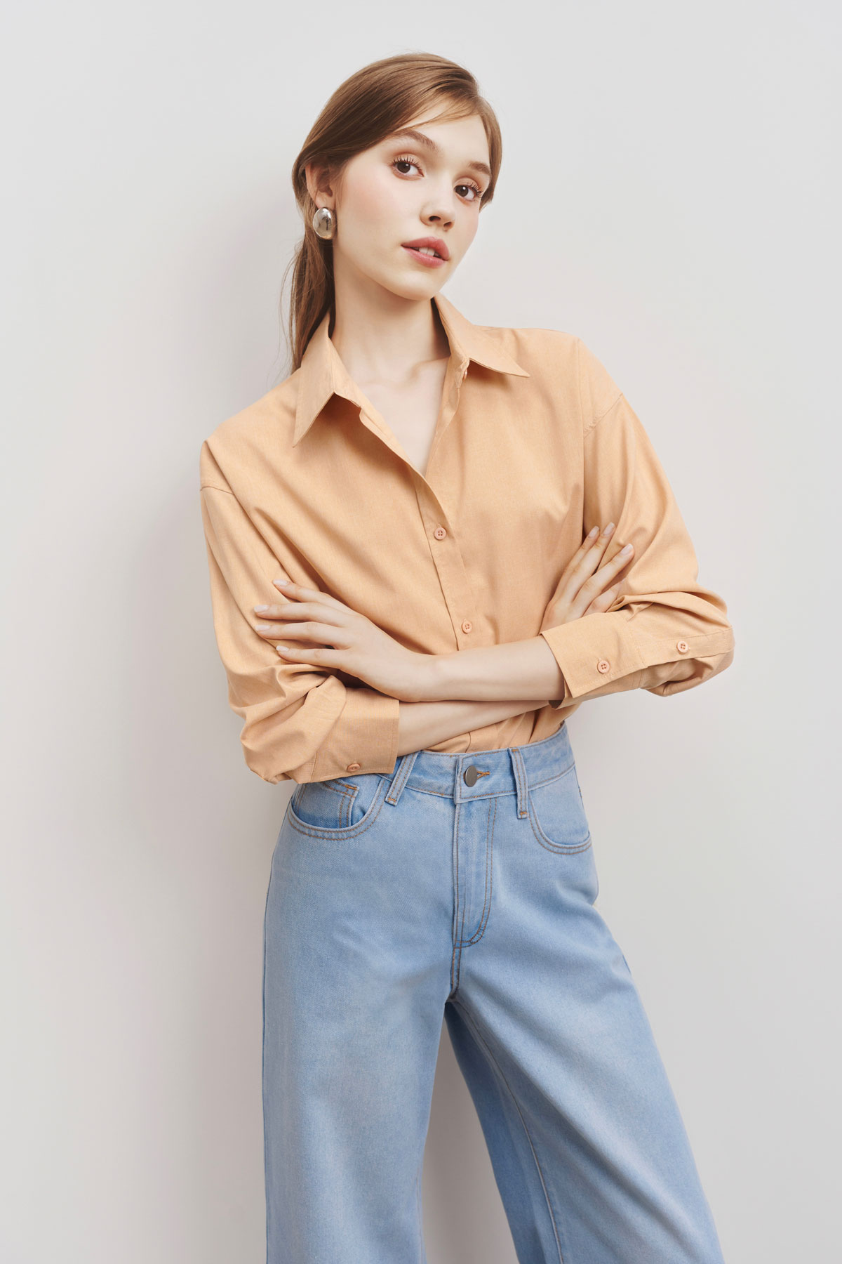Mô tả Áo sơ mi nữ GILLEE dáng oversized, sơ mi form rộng vải kate lụa thanh lịch tone cam - 7