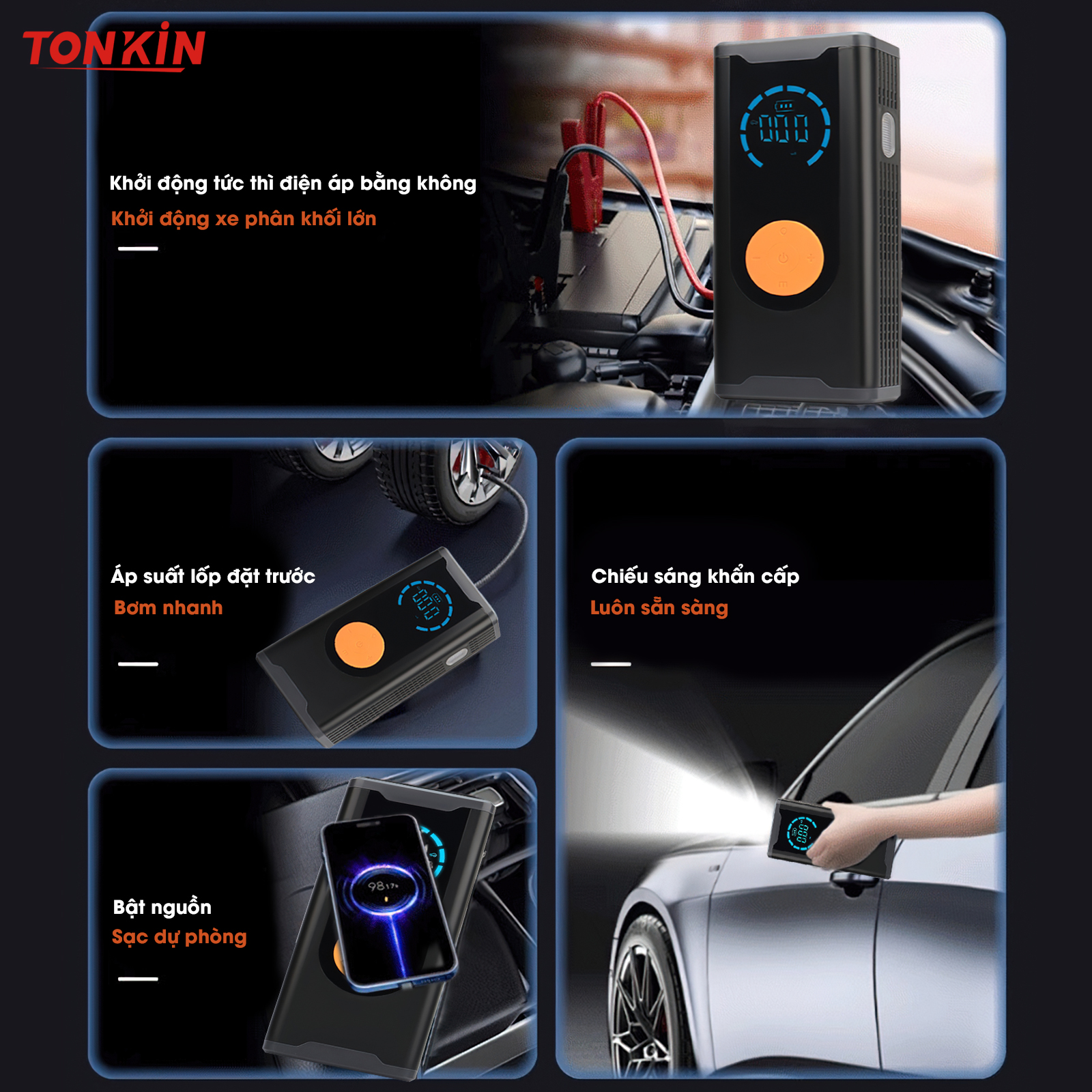 Bơm lốp kích bình ô tô 4 trong 1 Tonkin, pin 7200 Mah. tích hợp sạc dự ...