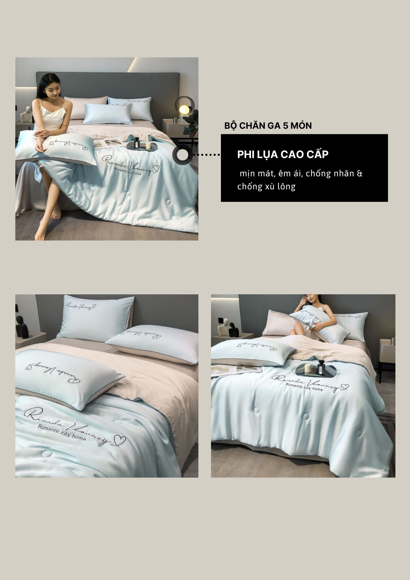 Mô tả Bộ ga giường 5 món He thong NEM cao cấp Set drap giường chăn ga gối phi lụa thái trải phủ giường mát lạnh mùa hè - 3