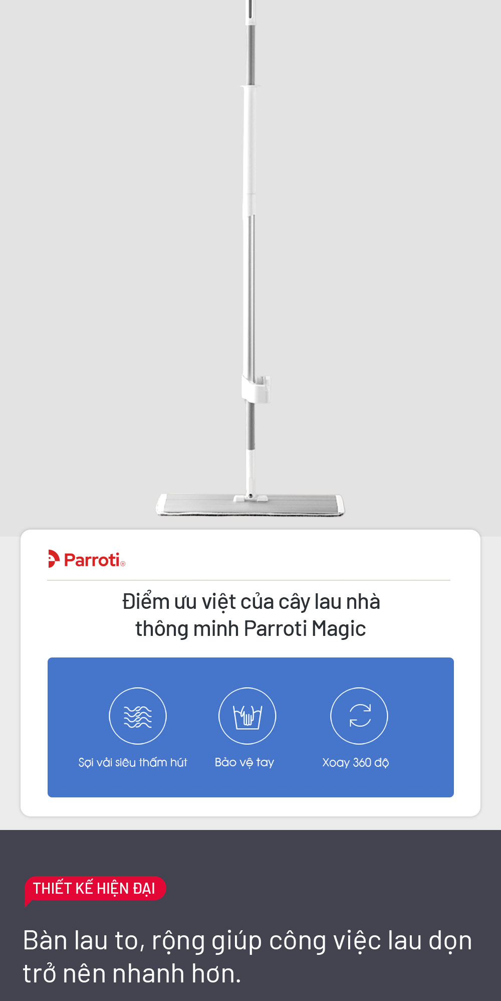 Mô tả Cây lau nhà tự vắt xoay 360 độ, chổi lau nhà thông minh, Cây lau nhà công nghiệp cỡ lớn  Parroti Magic - MG02 - 3