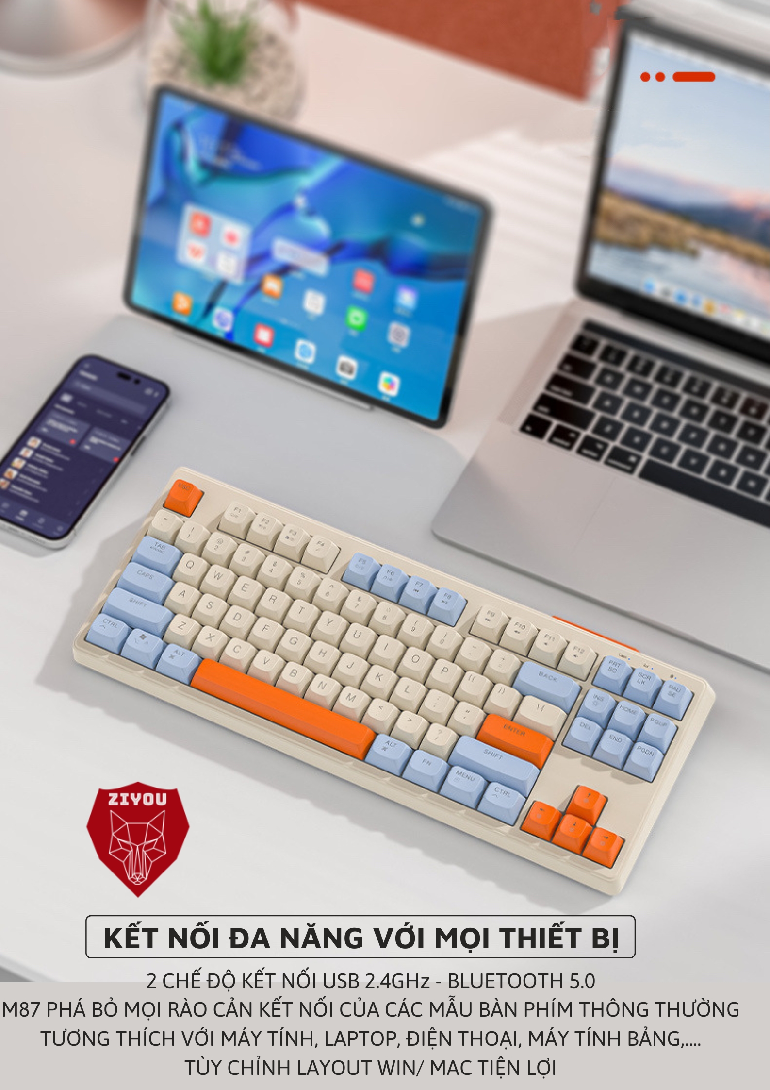 Mô tả Bàn Phím Bluetooth Không Dây Ziyou M87 Gõ Êm Giảm Ồn Led Nền Kết Nối Đa Năng Cho Dân Văn Phòng - 6