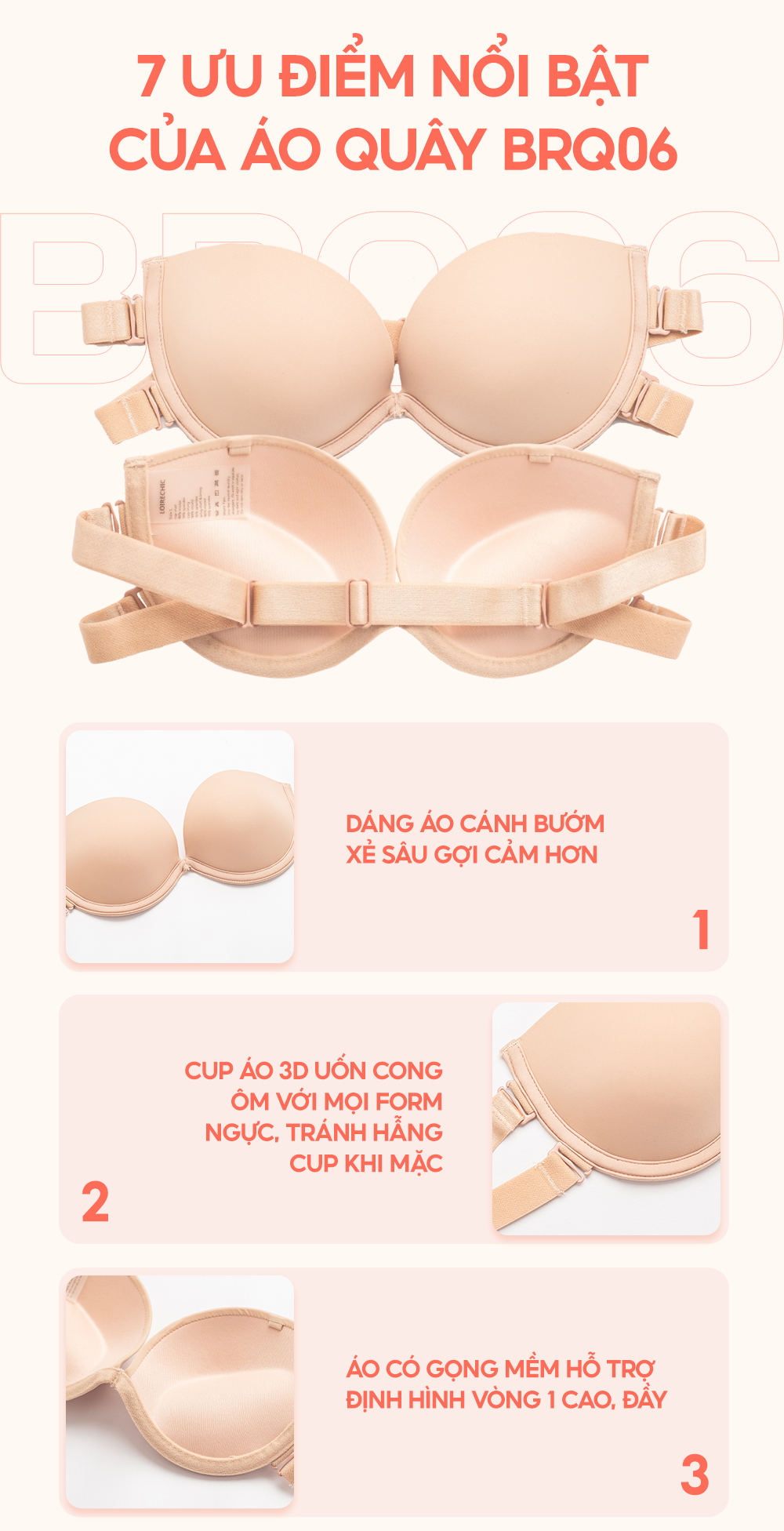 Mô tả Áo Quây Đệm Dày 2cm Nâng Ngực Dây Lưng Thun Kép Giữ Chắc Chống Tụt Tặng Dây Trong Suốt Loirechic BRQ06 - 4