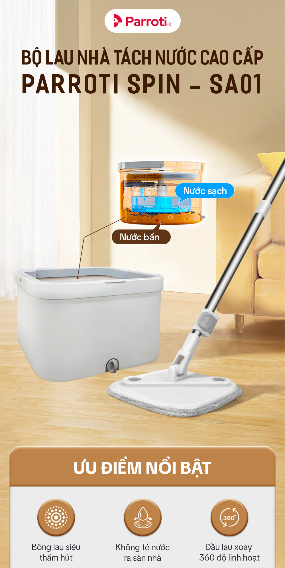 Cây lau nhà tách nước bẩn Parroti Spin SA01