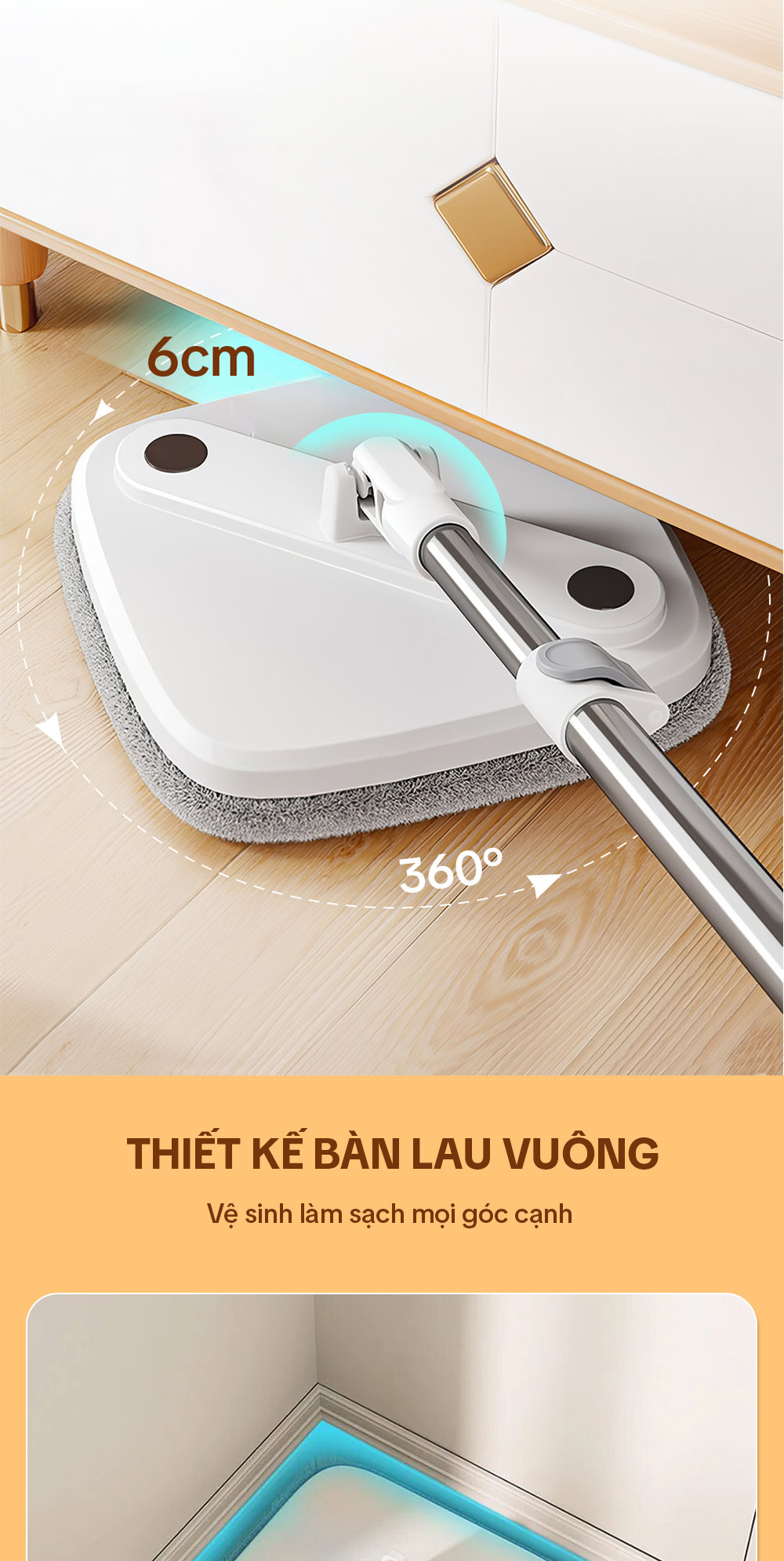 Mô tả Cây lau nhà tách nước bẩn, bộ lau nhà tự vắt xoay 360 độ, chổi lau nhà thông minh Parroti Spin - SA01 - 7