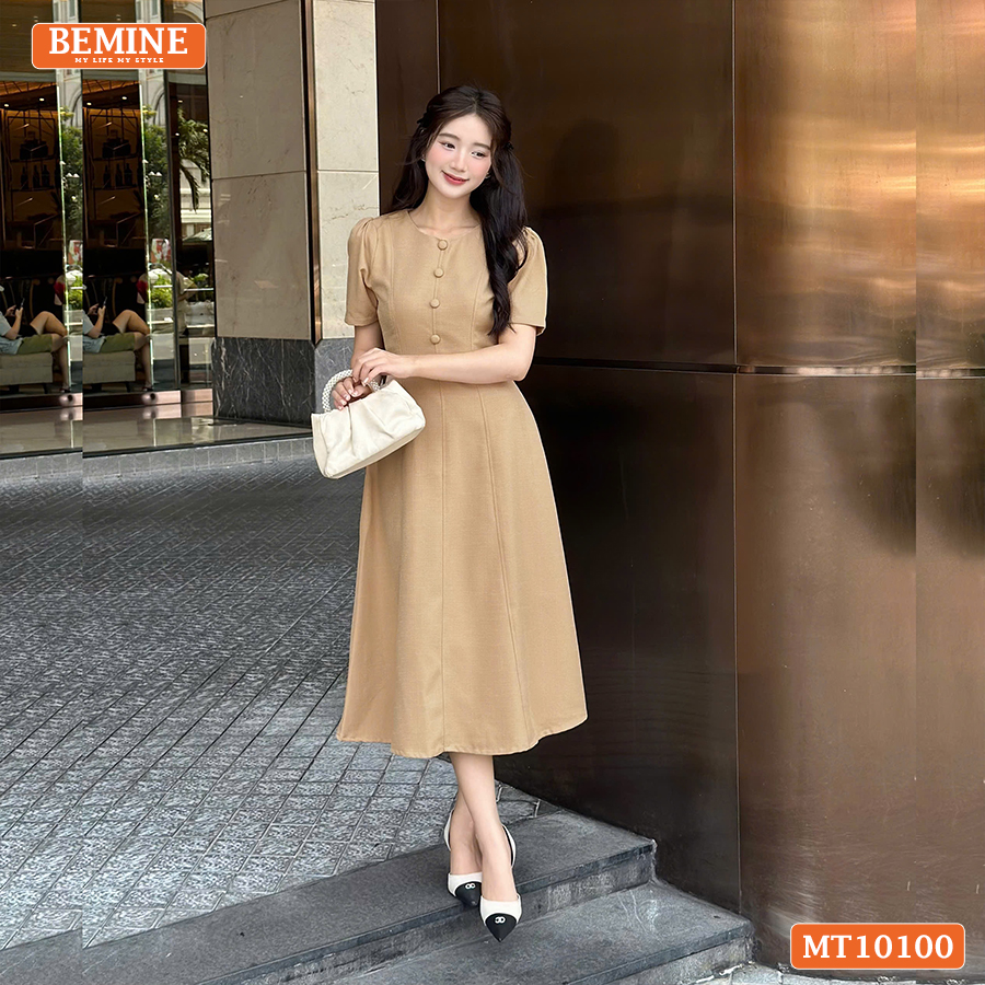 Mô tả Đầm thiết kế BEMINE cổ tròn đính cúc dáng chữ A tay ngắn phù hợp đi làm, đi dạo phố-MT10100 - 2