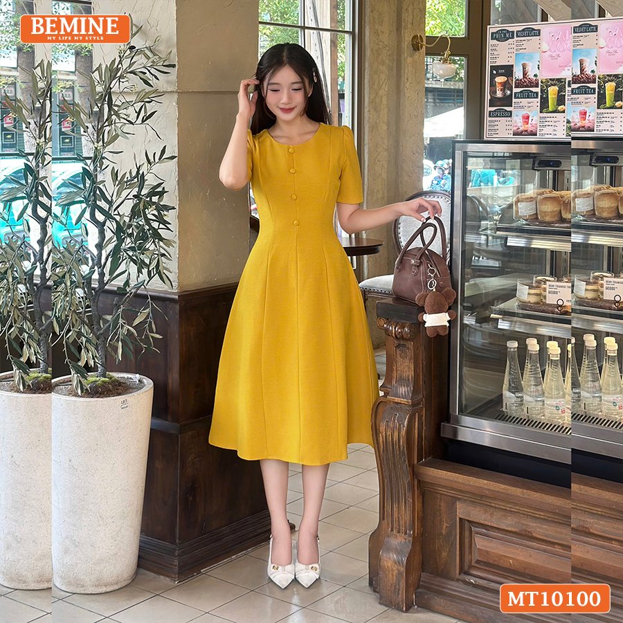 Mô tả Đầm thiết kế BEMINE cổ tròn đính cúc dáng chữ A tay ngắn phù hợp đi làm, đi dạo phố-MT10100 - 4