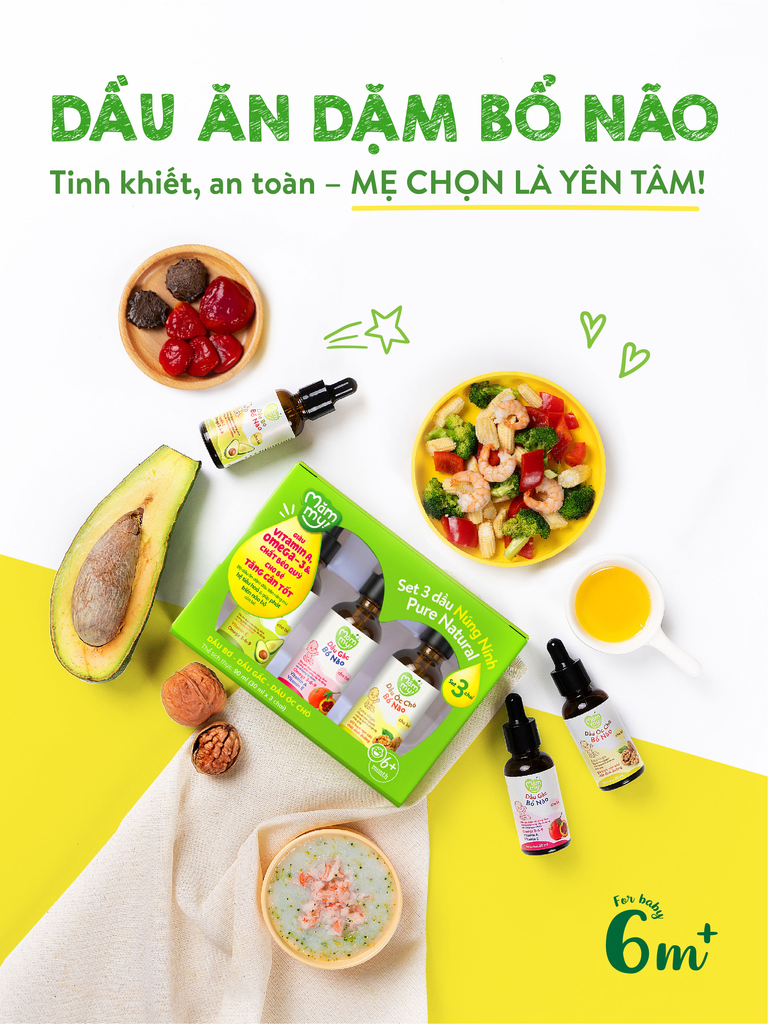 Mô tả Combo 3 dầu ăn dặm núng nính Mămmy gồm dầu bơ, dầu óc chó, dầu gấc giúp bé phát triển toàn diện về trí não, thị lực - 1