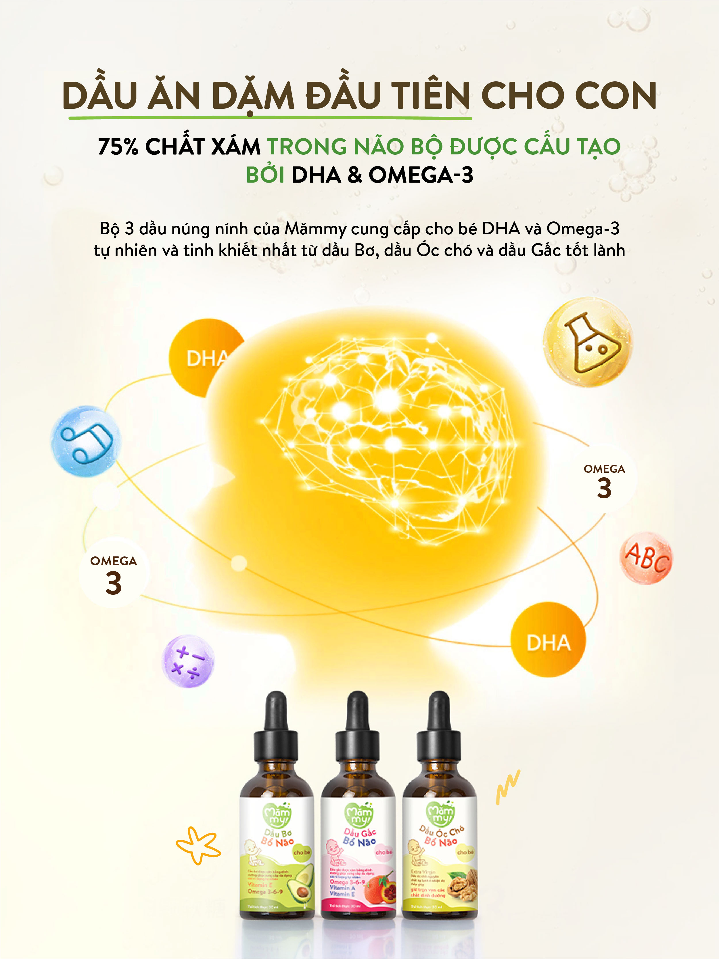 Mô tả Combo 3 dầu ăn dặm núng nính Mămmy gồm dầu bơ, dầu óc chó, dầu gấc giúp bé phát triển toàn diện về trí não, thị lực - 3