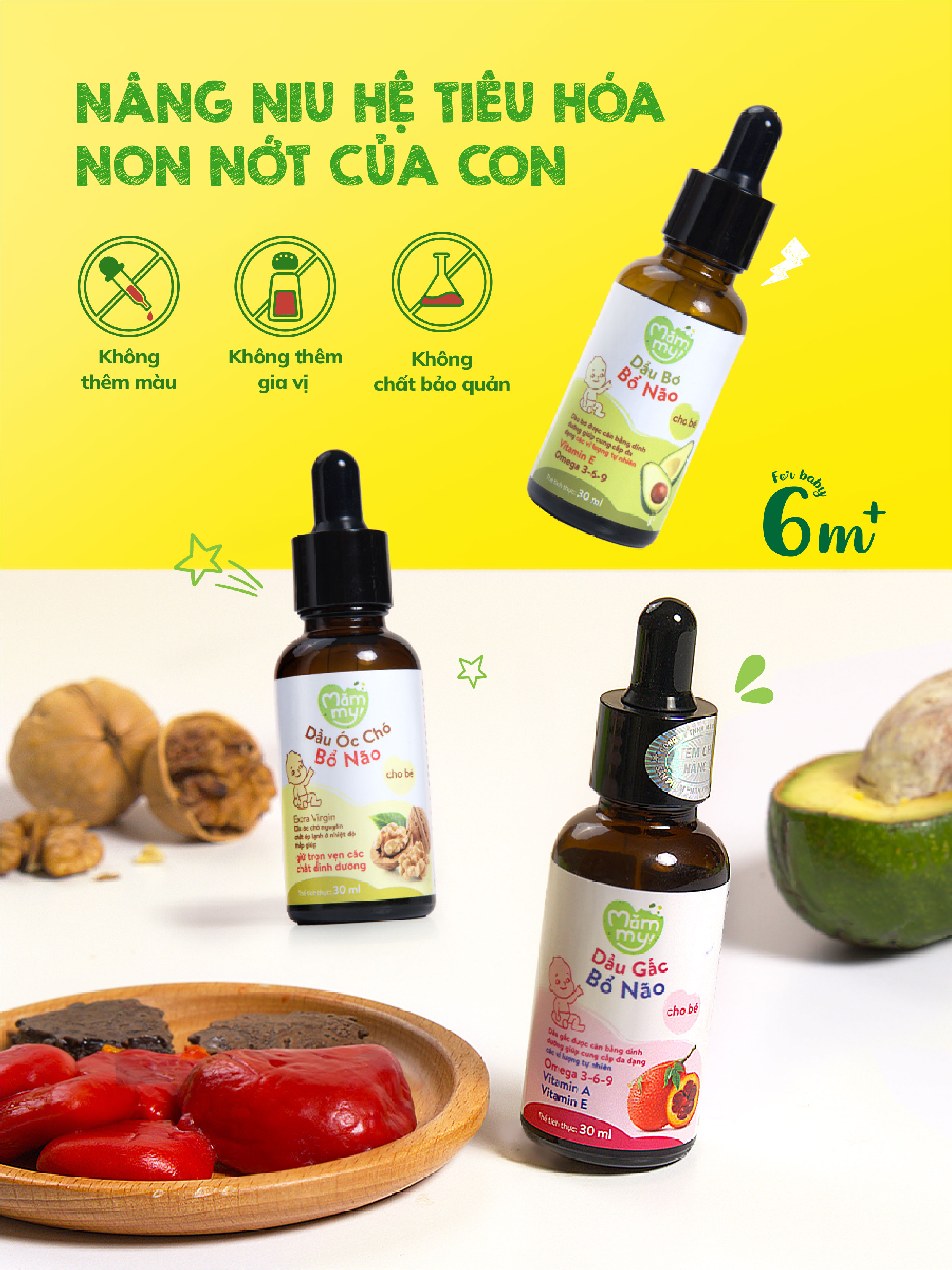 Mô tả Combo 3 dầu ăn dặm núng nính Mămmy gồm dầu bơ, dầu óc chó, dầu gấc giúp bé phát triển toàn diện về trí não, thị lực - 4