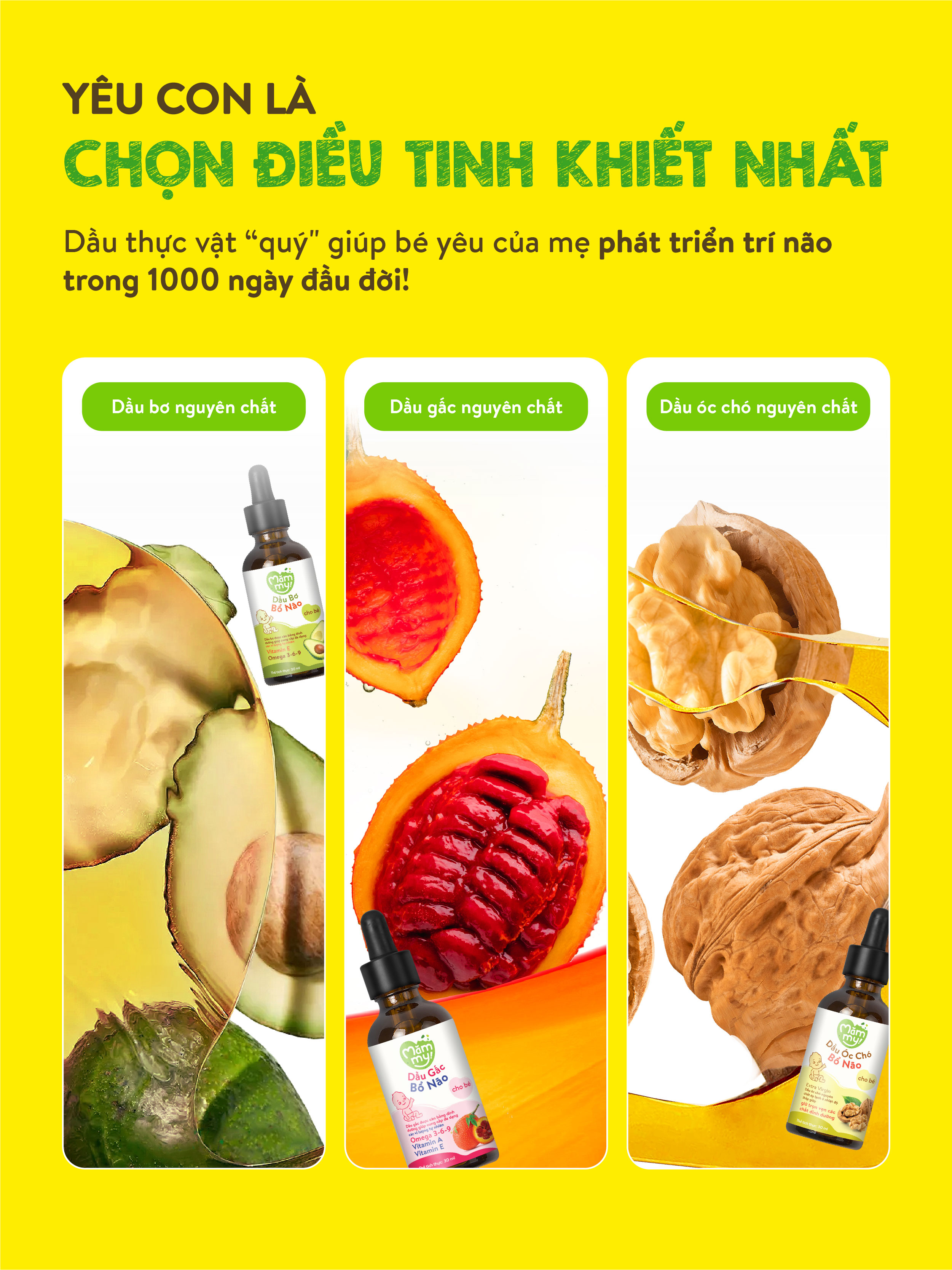 Mô tả Combo 3 dầu ăn dặm núng nính Mămmy gồm dầu bơ, dầu óc chó, dầu gấc giúp bé phát triển toàn diện về trí não, thị lực - 8