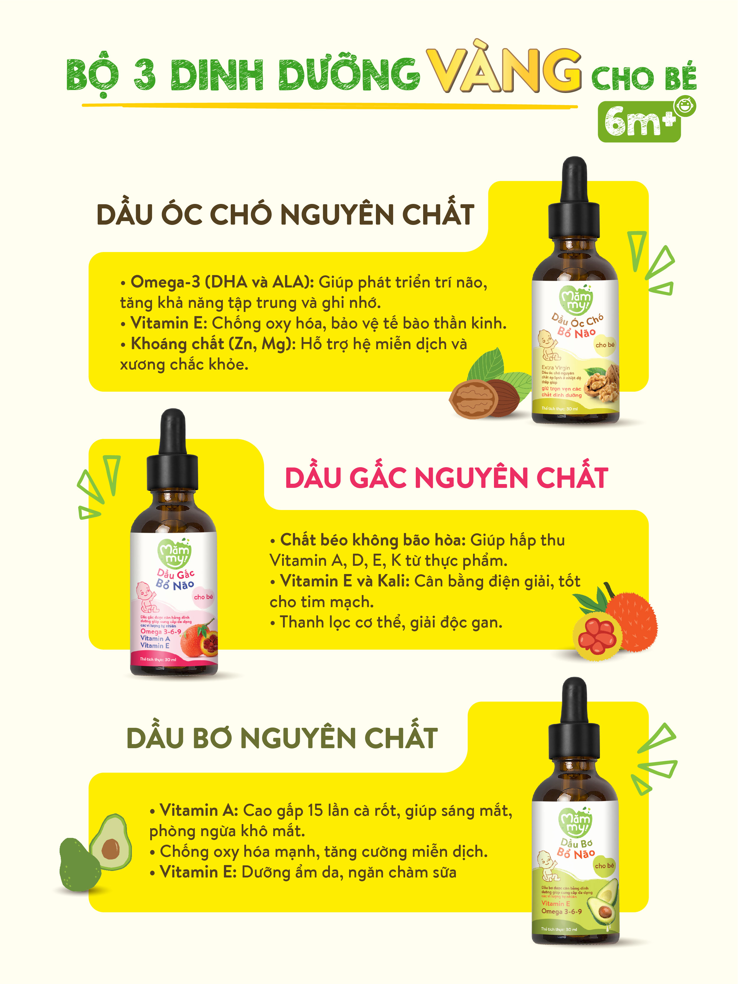 Mô tả Combo 3 dầu ăn dặm núng nính Mămmy gồm dầu bơ, dầu óc chó, dầu gấc giúp bé phát triển toàn diện về trí não, thị lực - 9
