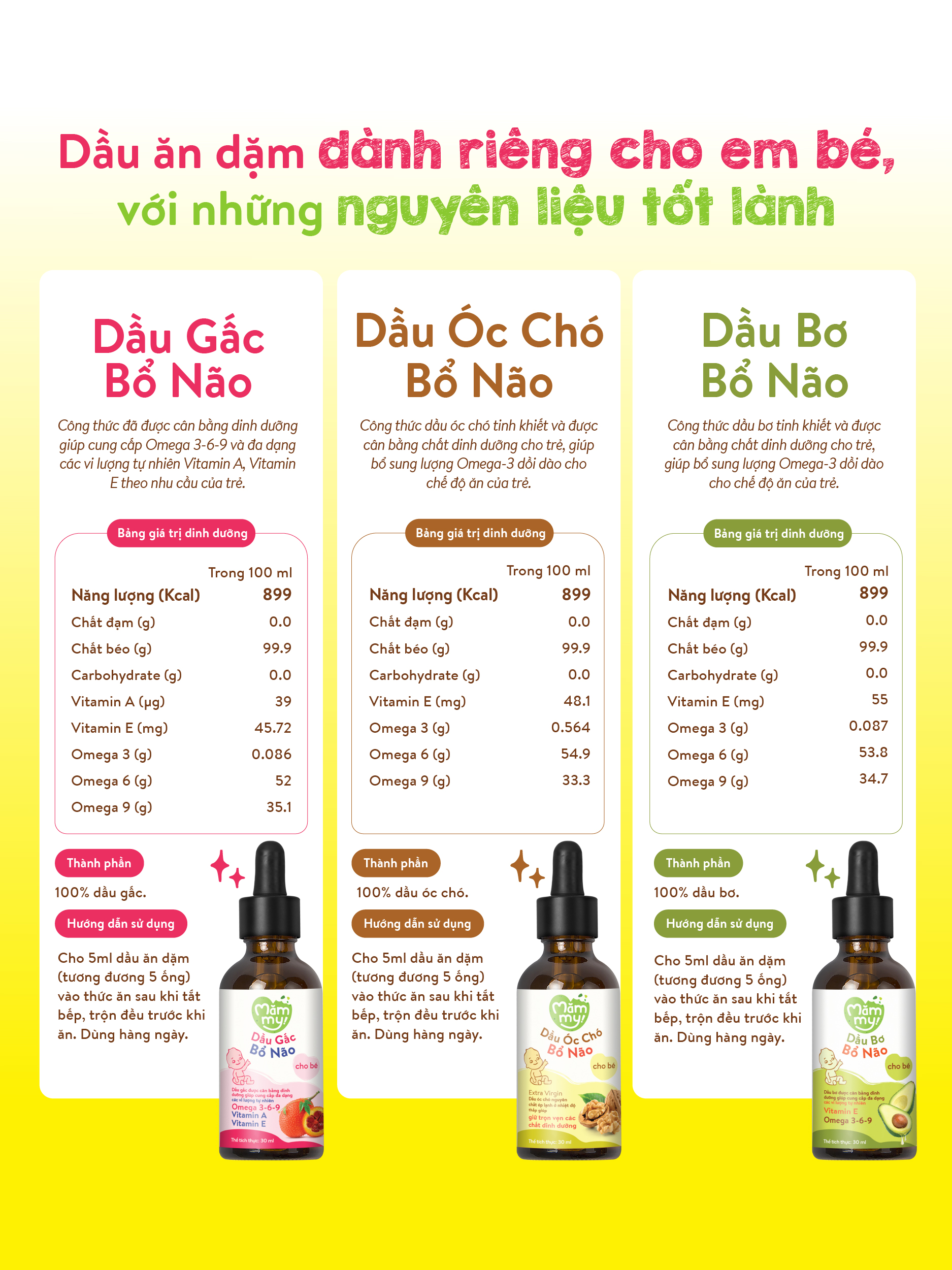 Mô tả Combo 3 dầu ăn dặm núng nính Mămmy gồm dầu bơ, dầu óc chó, dầu gấc giúp bé phát triển toàn diện về trí não, thị lực - 10