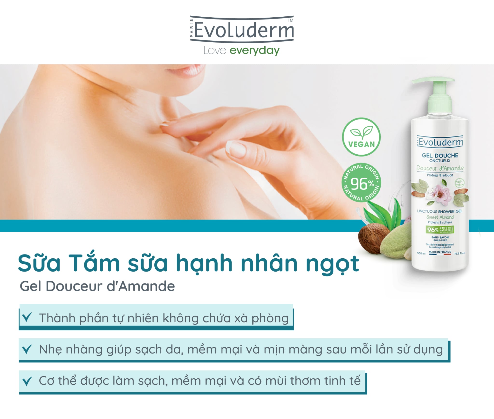 Mô tả Gel tắm làm sạch da, dưỡng ẩm sâu Evoluderm Gel Douche 500ml - 2