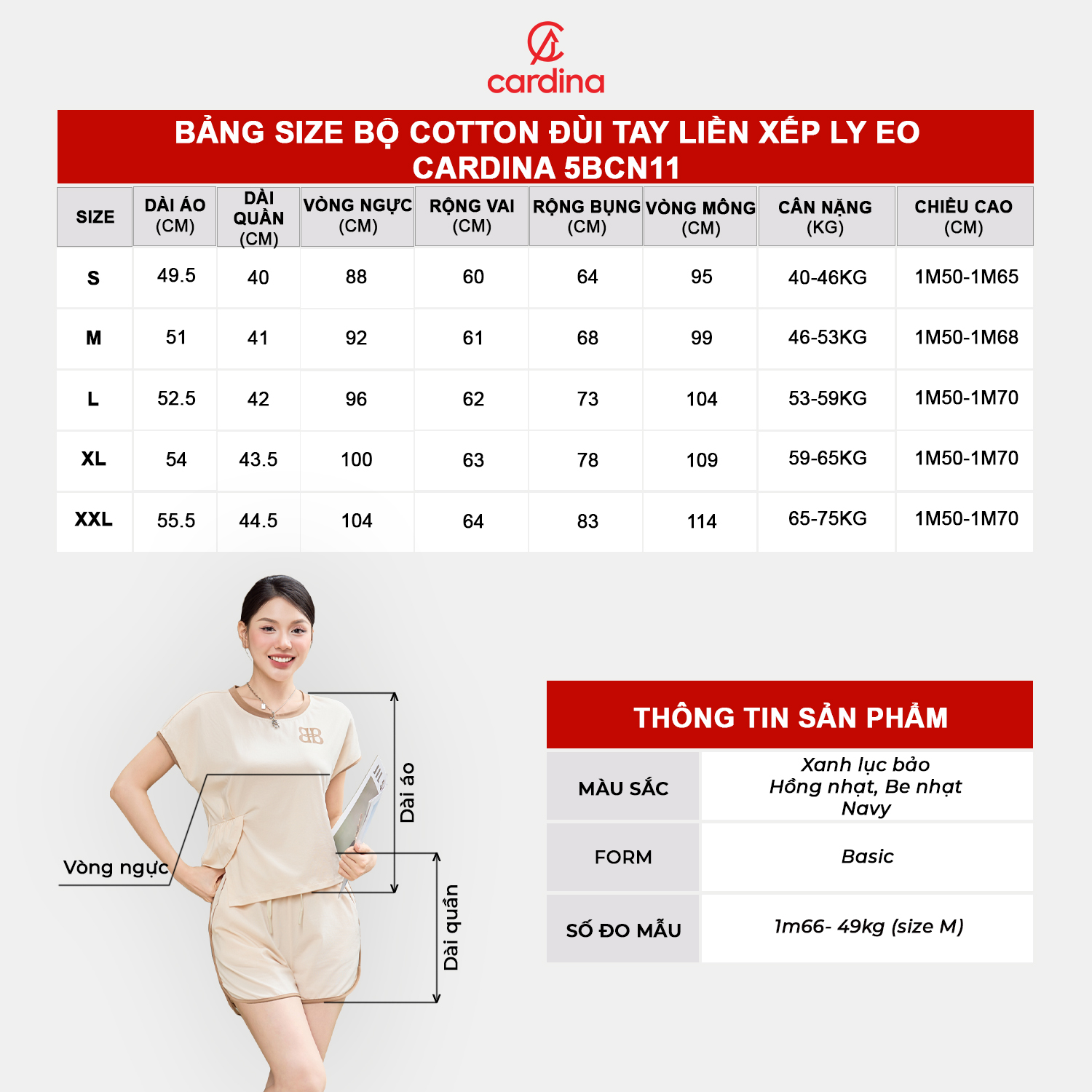 Mô tả Đồ bộ nữ CARDINA chất liệu cotton tay liền xếp ly eo trẻ trung năng động 5BCN11 - 1